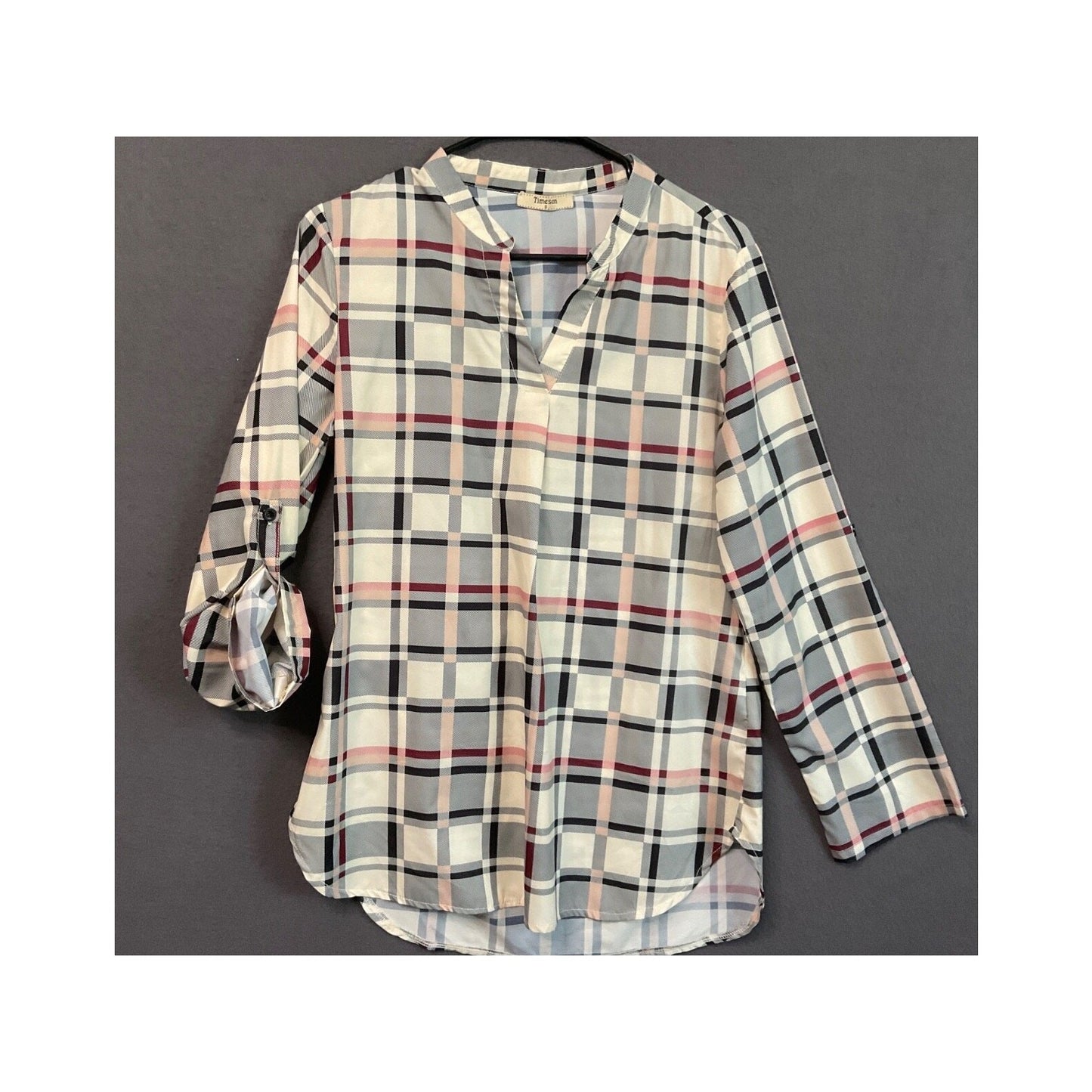 Timeson Plaid V-Neck Tunic Top Small Lightweight Long Sleeve Polyester
