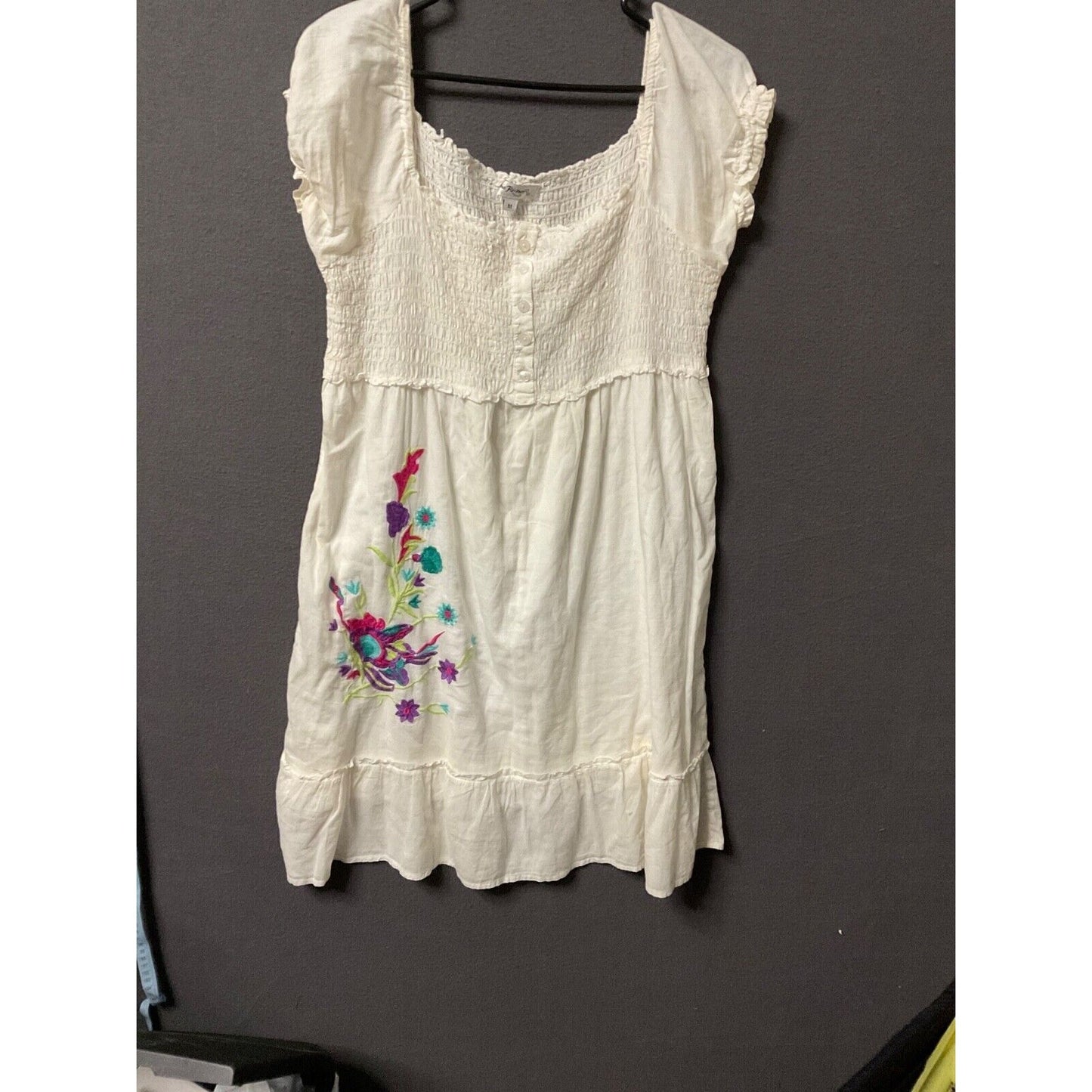 Claudia Richard VTG Ivory Embroidered Dress Women's M Boho Peasant Smocked