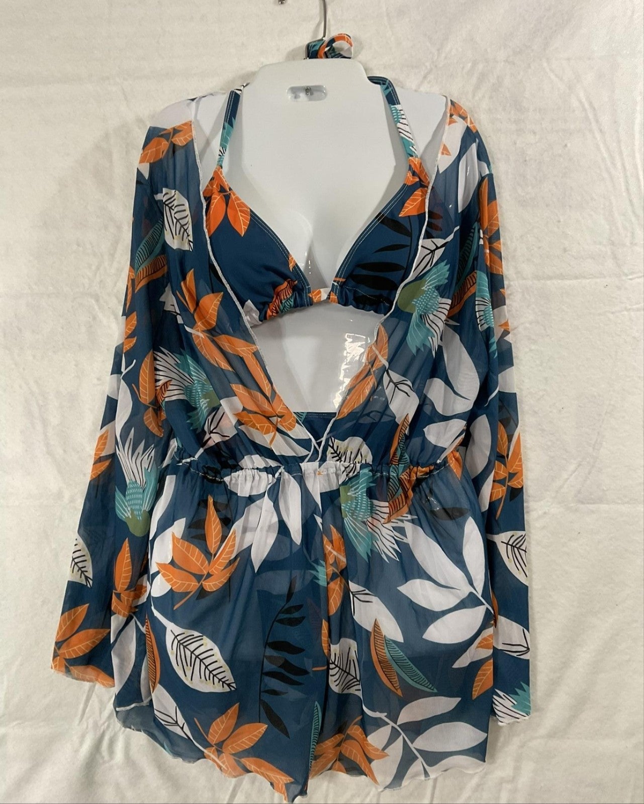 Bikini Set Womens 0XL Blue Tropical 3 Piece High Waist Sheer Cover Up Swim
