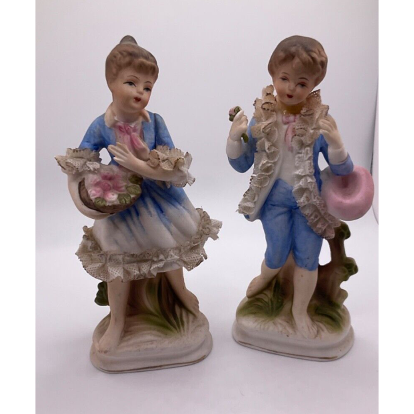 1950's Enesco Porcelain Boy and Girl Figurines Blue & White 6.5" Tall Vintage