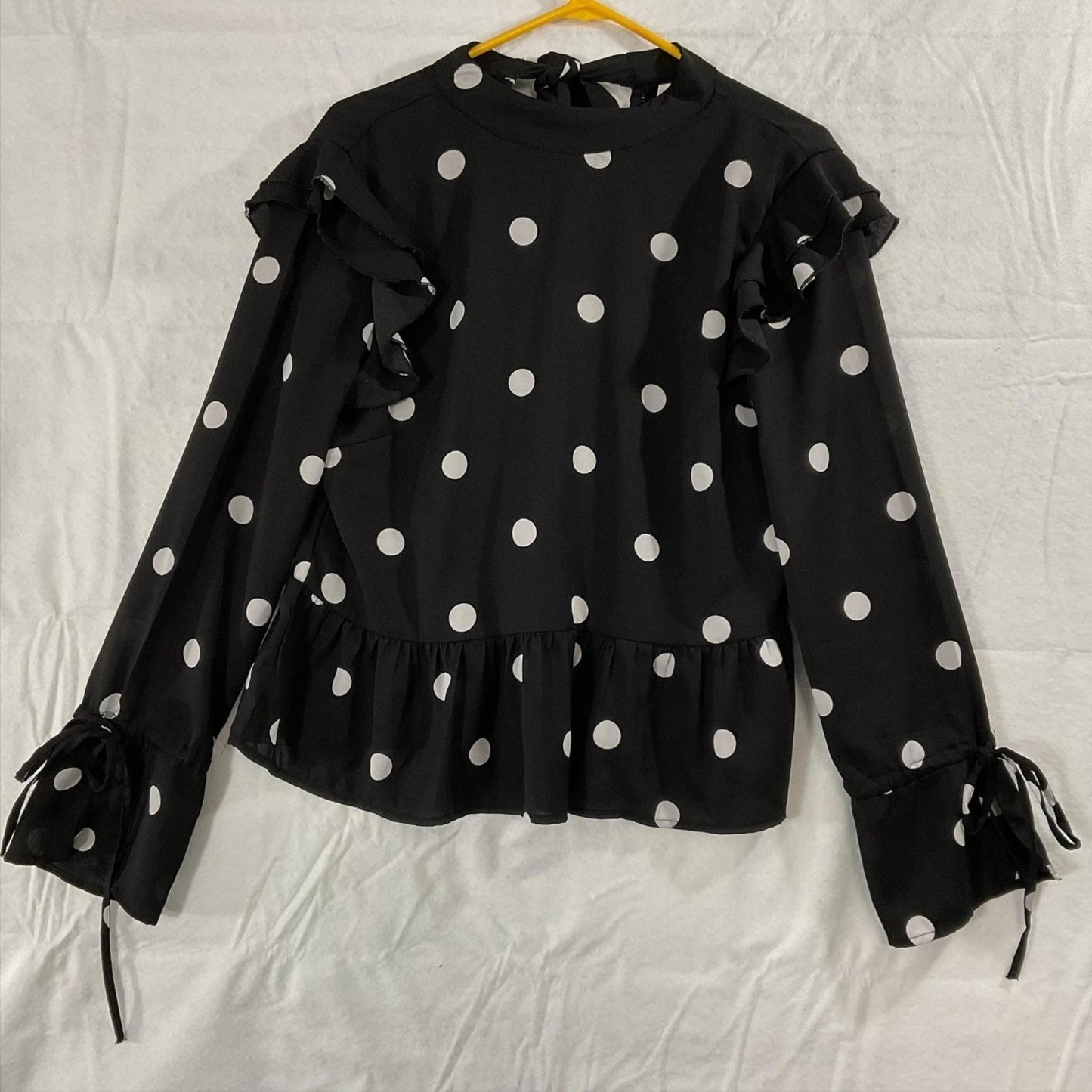 True Destiny Blouse Womens Large Black Polka Dot Ruffle Bell Sleeve Peplum Top