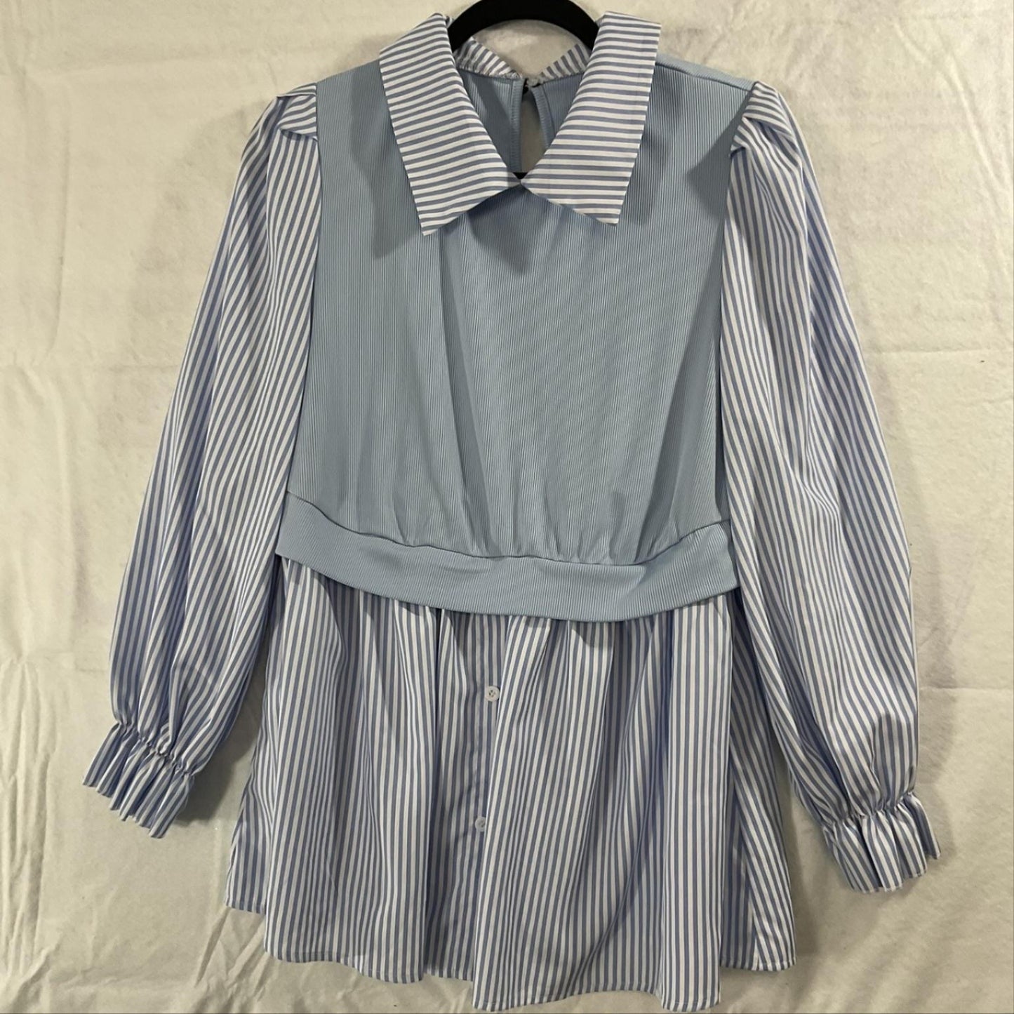 Shein Blouse Womens 1XL Blue Striped Collared Puff Sleeve Tunic Top Plus Size