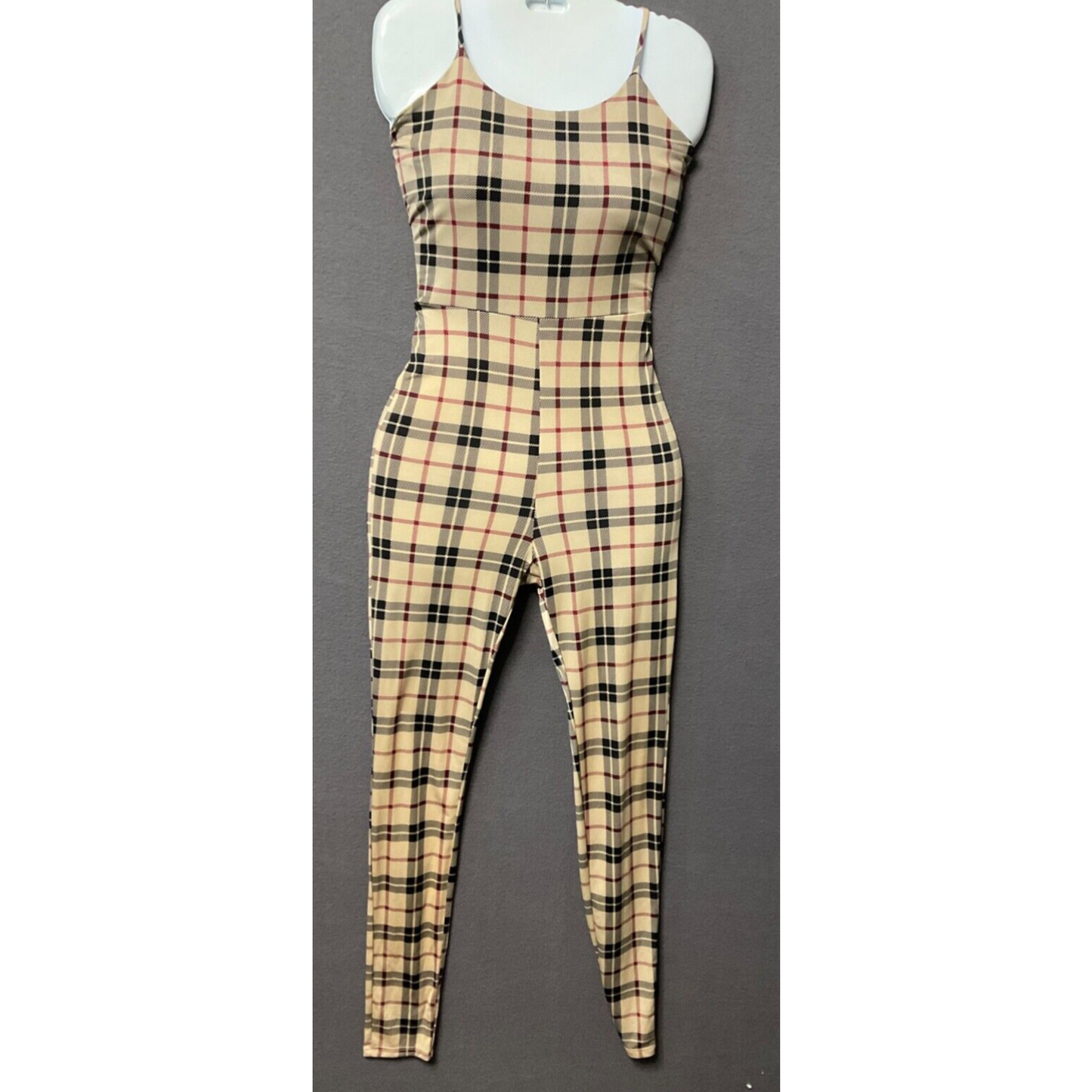 Plaid Sleeveless Jumpsuit Women's Beige & Black, S/XS, Ties in Back, Soft Fab