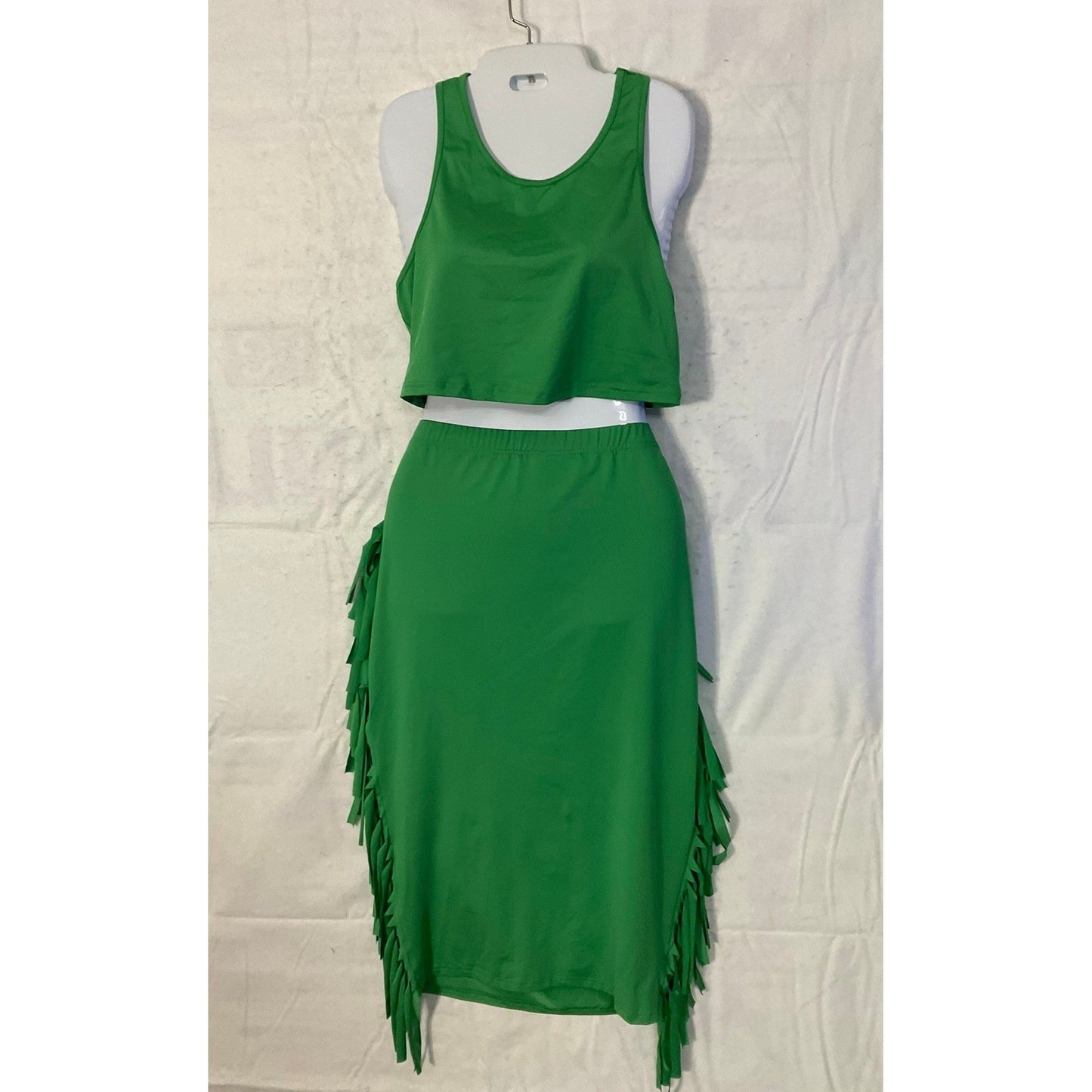 SHEIN Curve 2 Piece Skirt Set Womens 0XL Green Fringe Crop Top Midi Skirt Co-ord