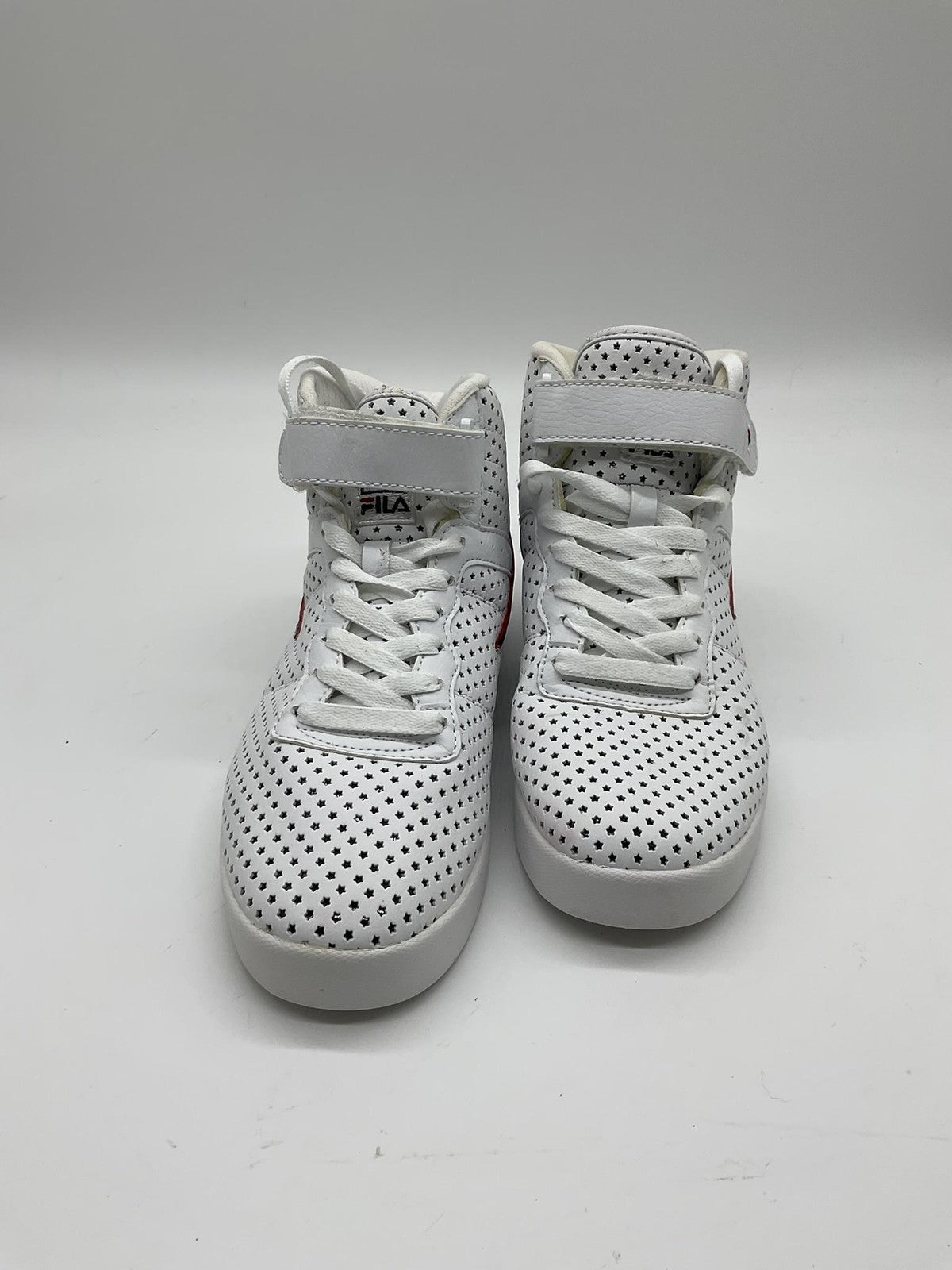 FILA Shoes Mens 5.5 White Perforated High Top Strap Athletic Casual Sneakers