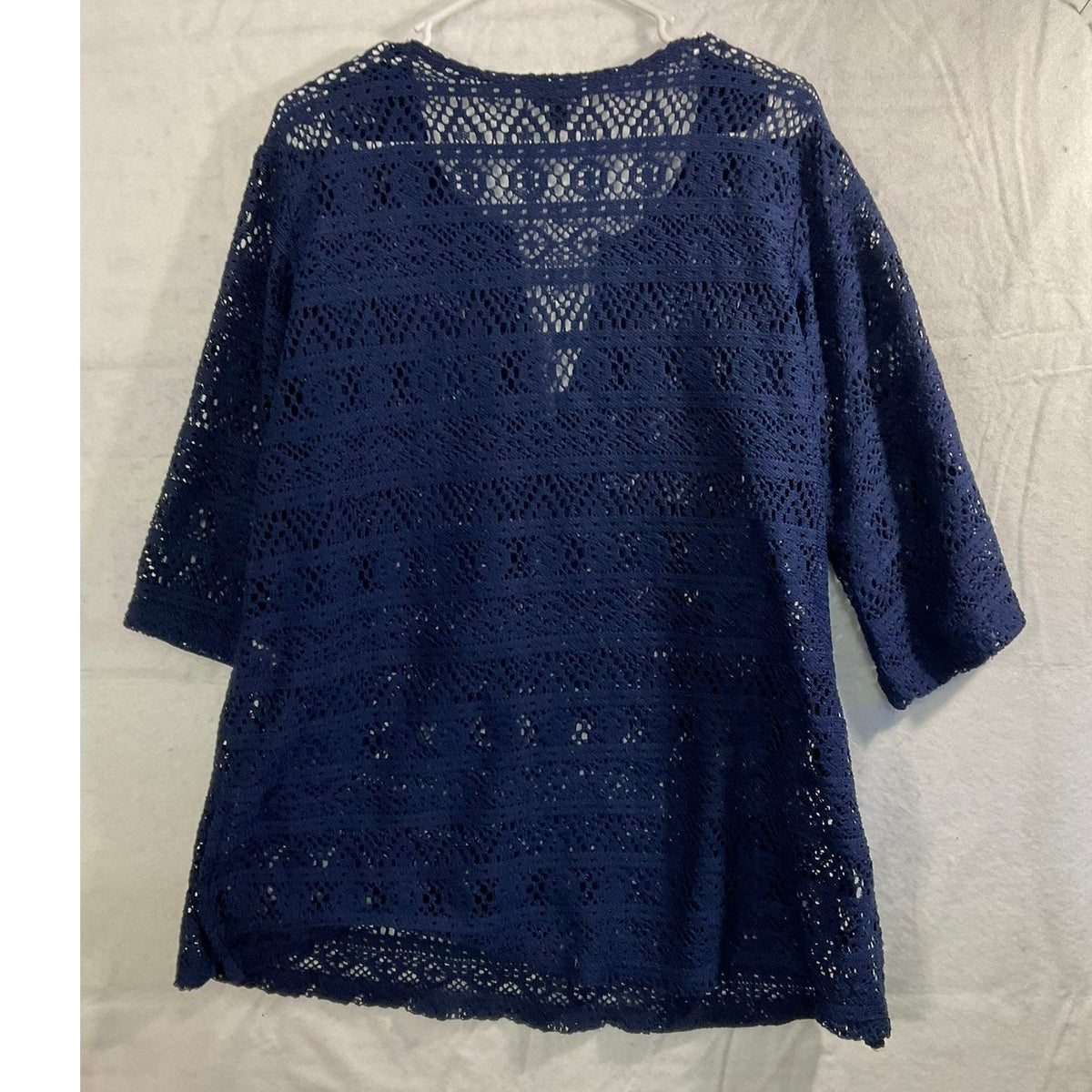 J. Valdi Crochet Swim Cover Up Women XL Navy Blue V-Neck 3/4 Sleeve Beachwear