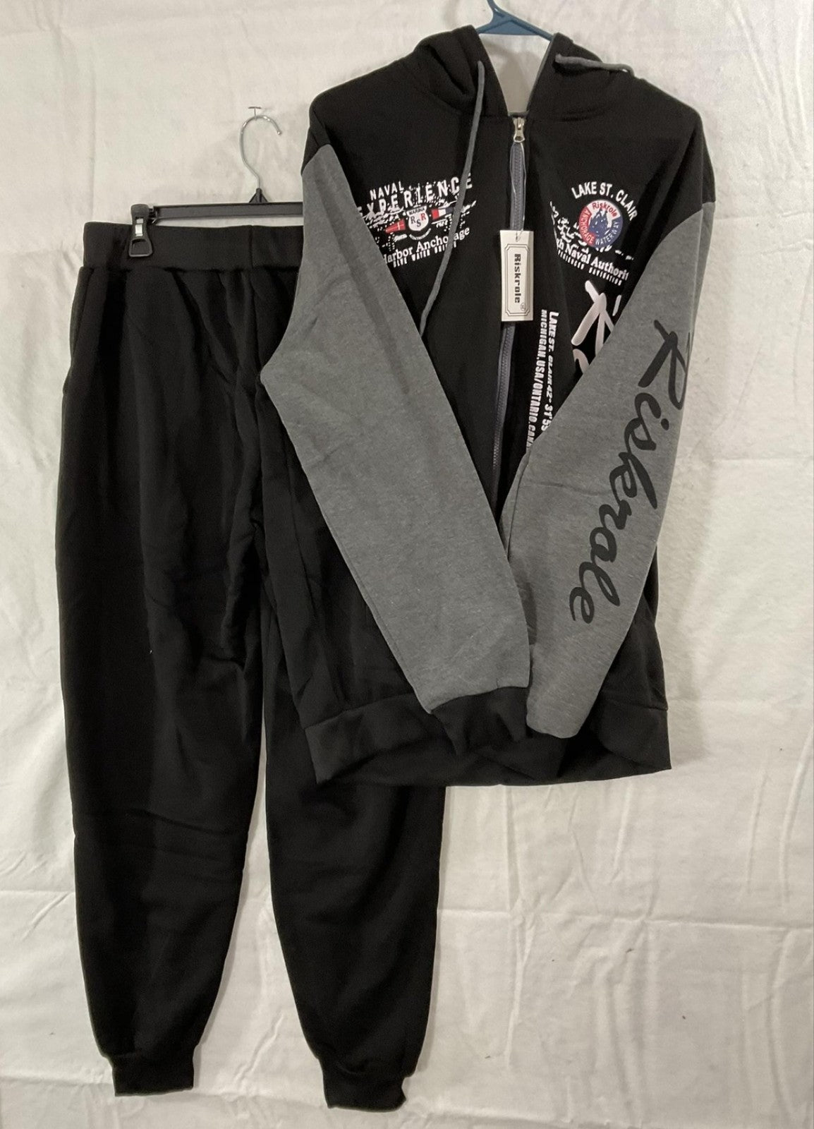 Riskrole Tracksuit Mens XL Black Gray Fleece Hoodie Joggers Nautical 2 Piece Set
