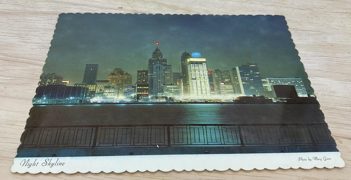Vintage Night Skyline Detroit Michigan Hiawatha Photochrome Postcard 5.5x3.5 In