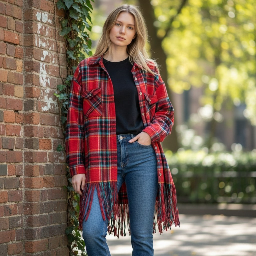 Thrill Jeans Shacket Womens Large Red Fringed Hem Plaid Flannel Button Up Shirt