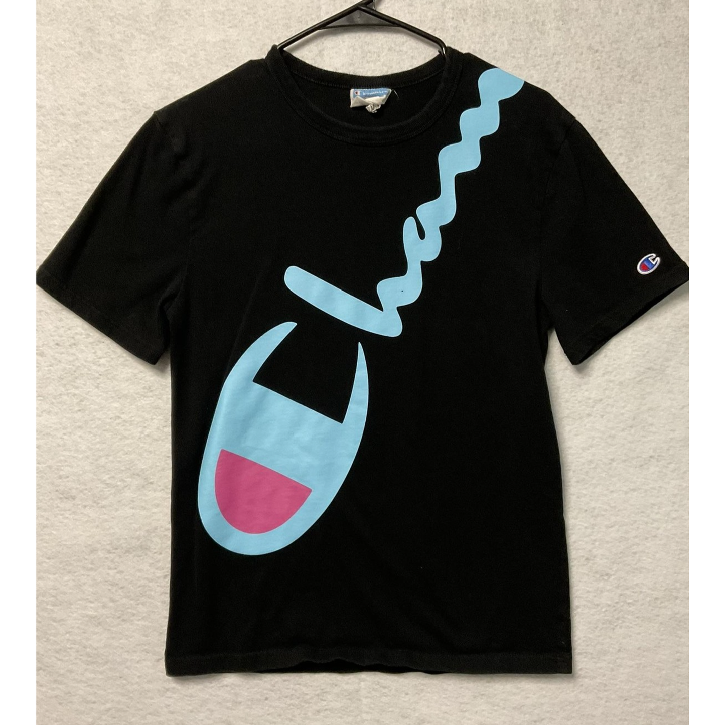 Champion Shirt Mens Small Black Blue Pink Script Logo Graphic Tee Streetwear