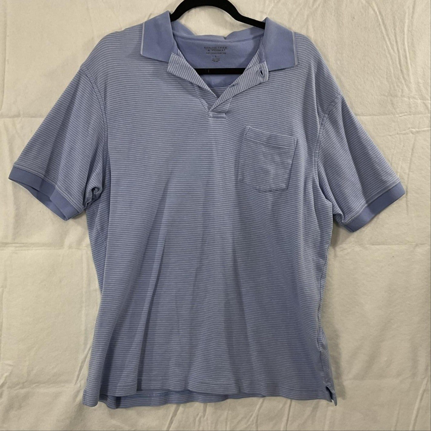 Roundtree & Yorke Polo Shirt Mens L Blue Striped Silky Finish Short Sleeve