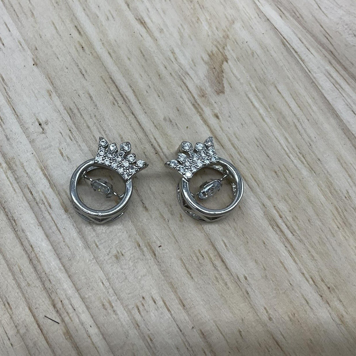Silver Tone Crown Circle Pendants Charms Womens Rhinestone Stud Pair 1"
