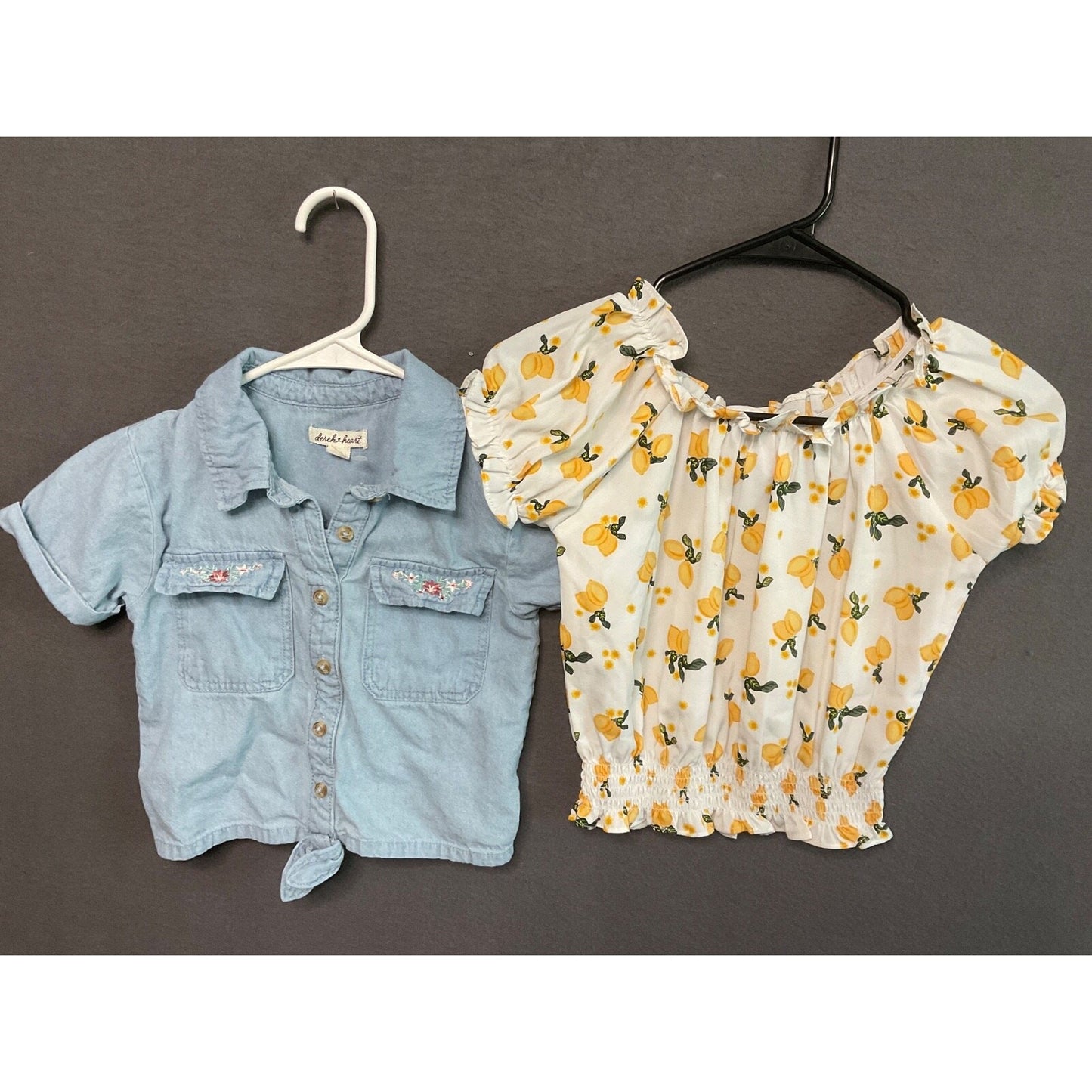 Lot 2 Girls Tops Derek Heart 7 Chambray Shirt + Girls Pink Lemon Print 7/8