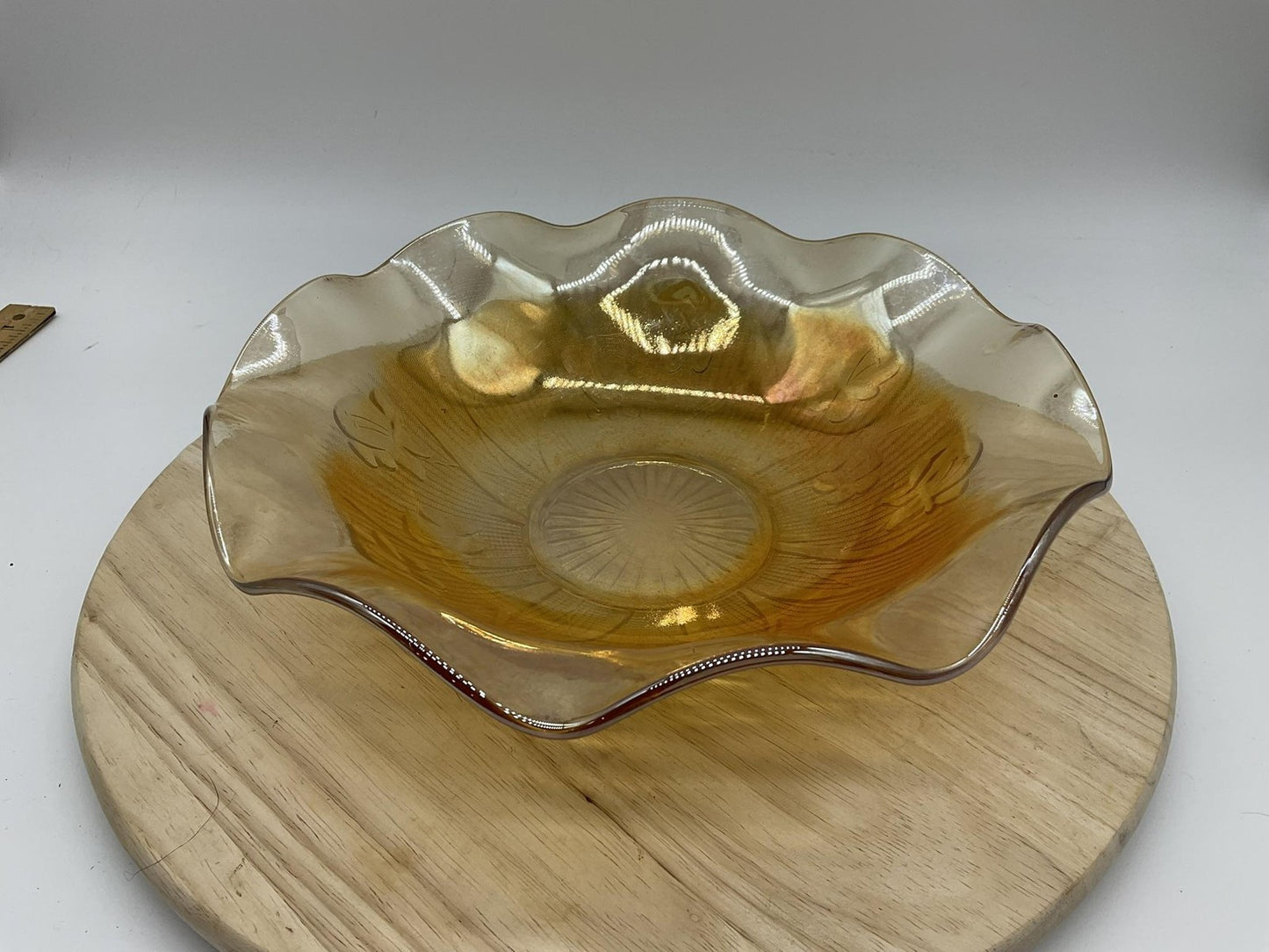 Vintage Amber Carnival Glass Serving Bowl Floral Ruffle Edge Gold Iridescent MCM