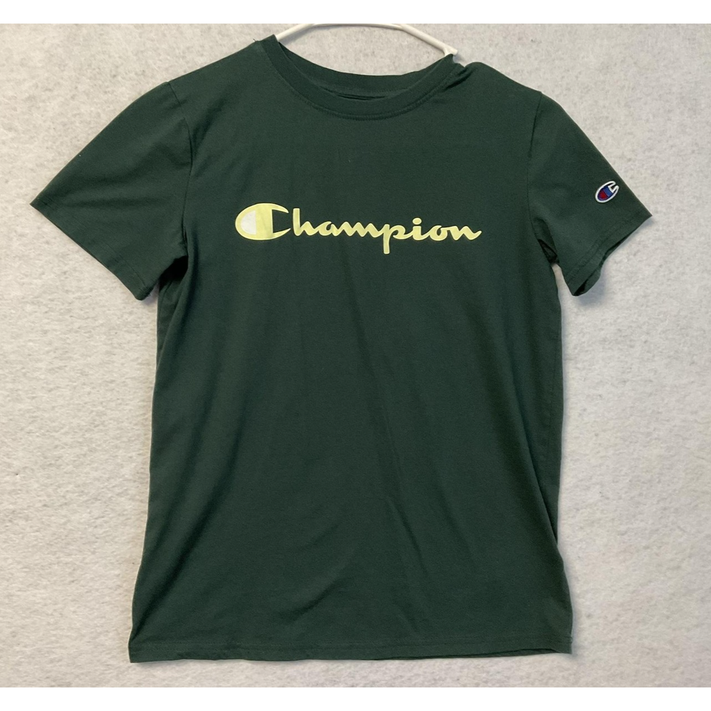 Champion Shirt Youth Large Green Script Logo Short Sleeve Crewneck Tee C Patch