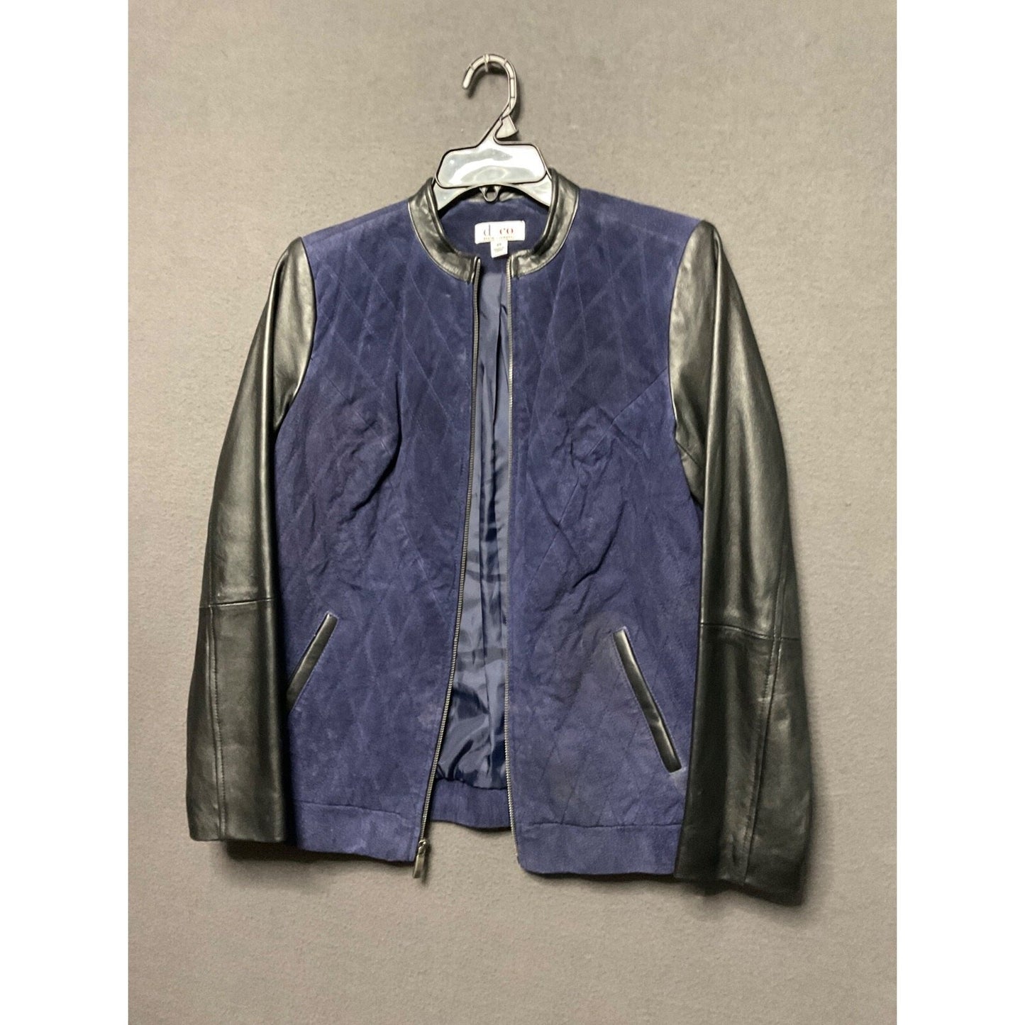 Denim & Co XS Navy Leather Sleeve Quilted Jacket Genuine Leather Front