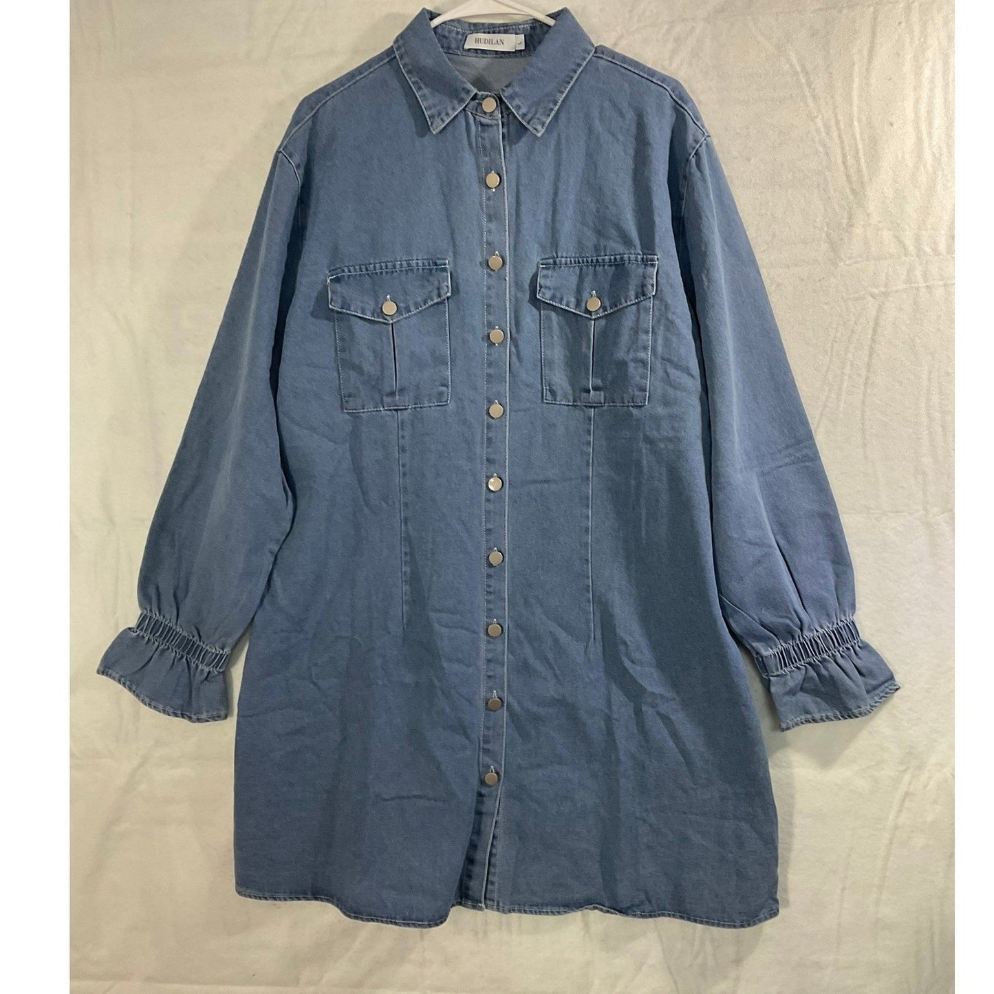 Hudilan Denim Shirt Dress Womens Large Blue Long Sleeve Smocked Cuff Mini Tunic