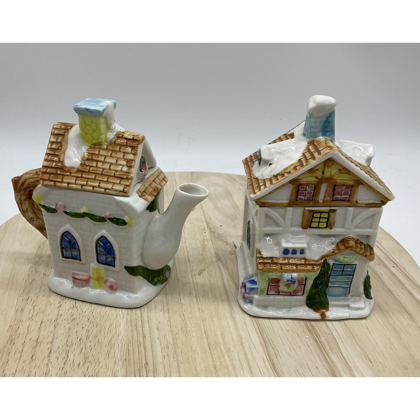 HH Christmas House Teapot Sugar Jar Ceramic Holiday Village Cottage SeT