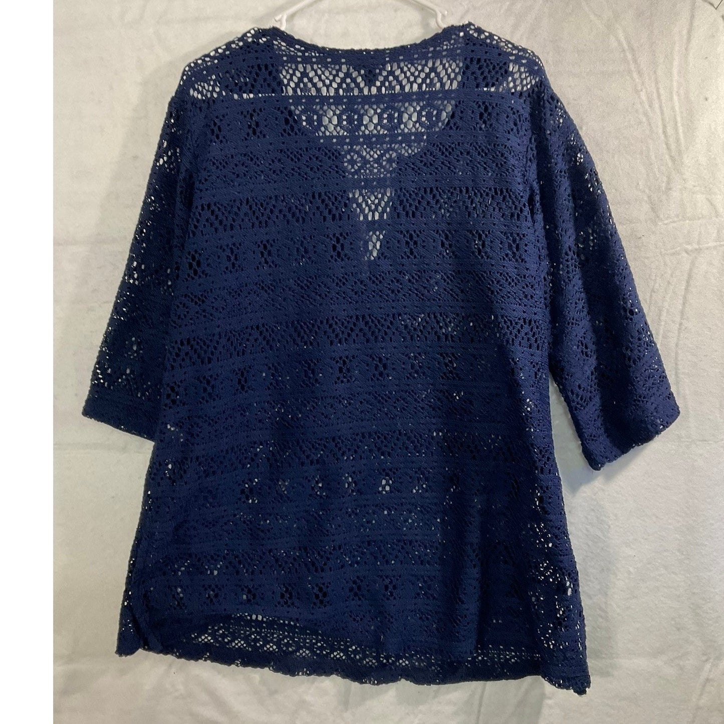 J. Valdi Crochet Swim Cover Up Women XL Navy Blue V-Neck 3/4 Sleeve Beachwear