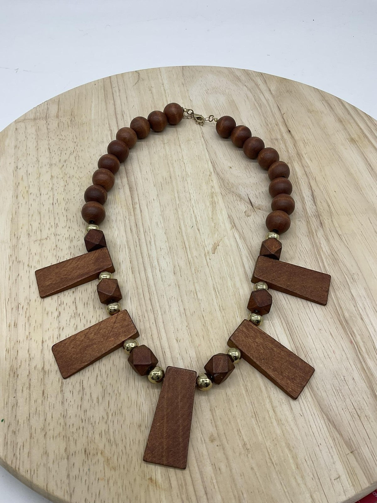 Necklace Brown Wood Beaded Rectangle Pendant Statement 22 In Lobster Womens