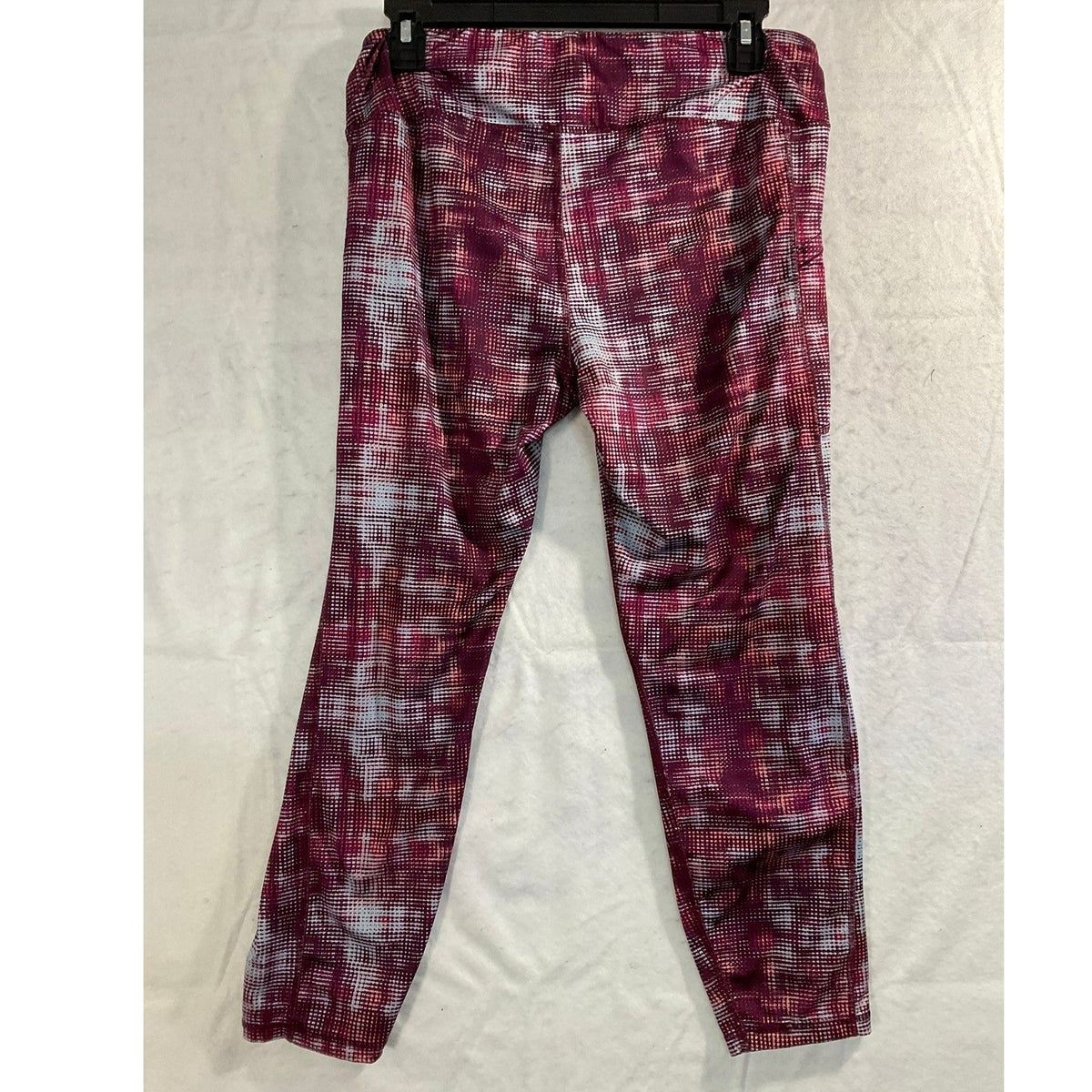 Athletic Leggings Women Medium Burgundy Pixel Grid Print Pockets Activewear