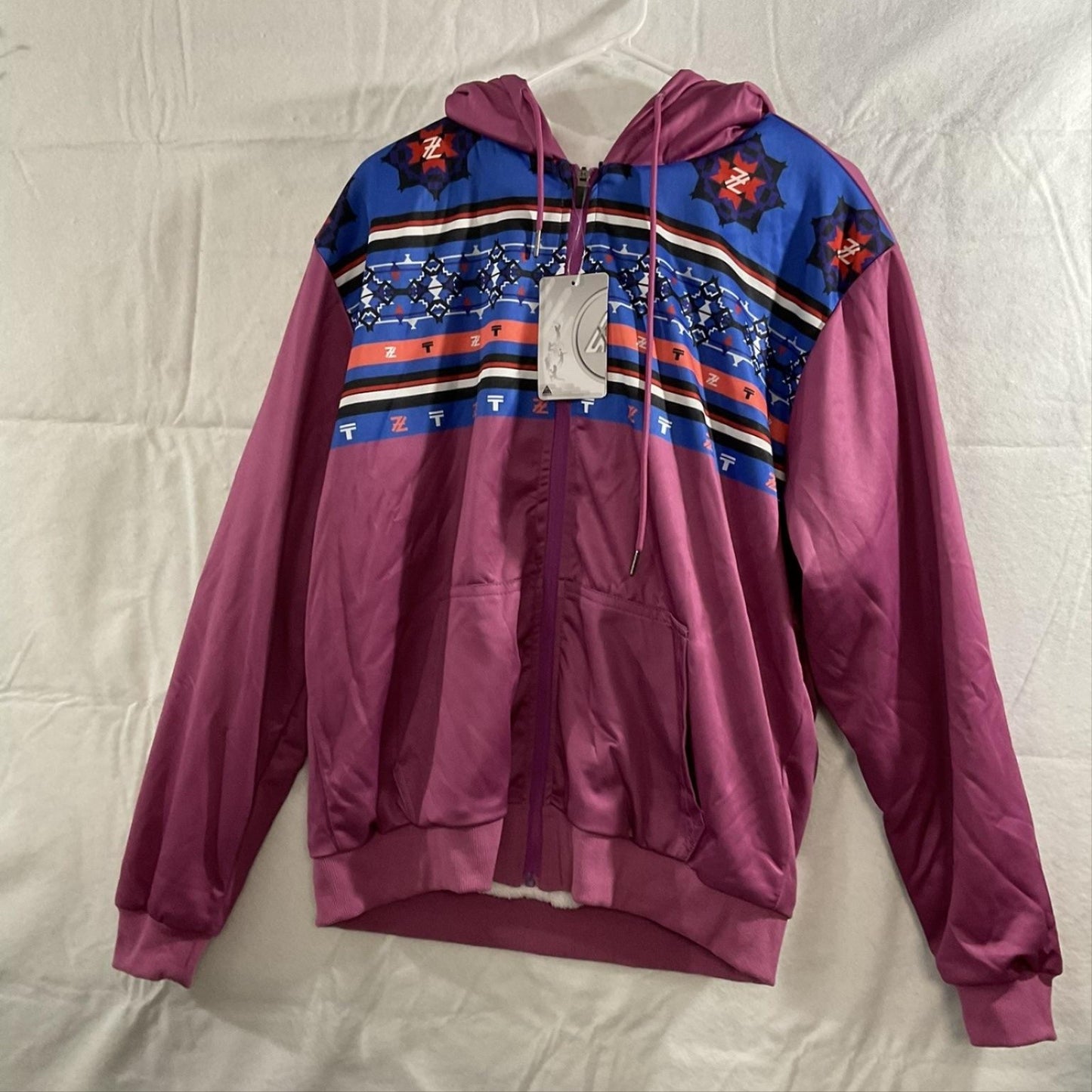 Hoodie Jacket Womens XL Pink Geometric Full Zip Sherpa Lined Fleece Hooded Cozy