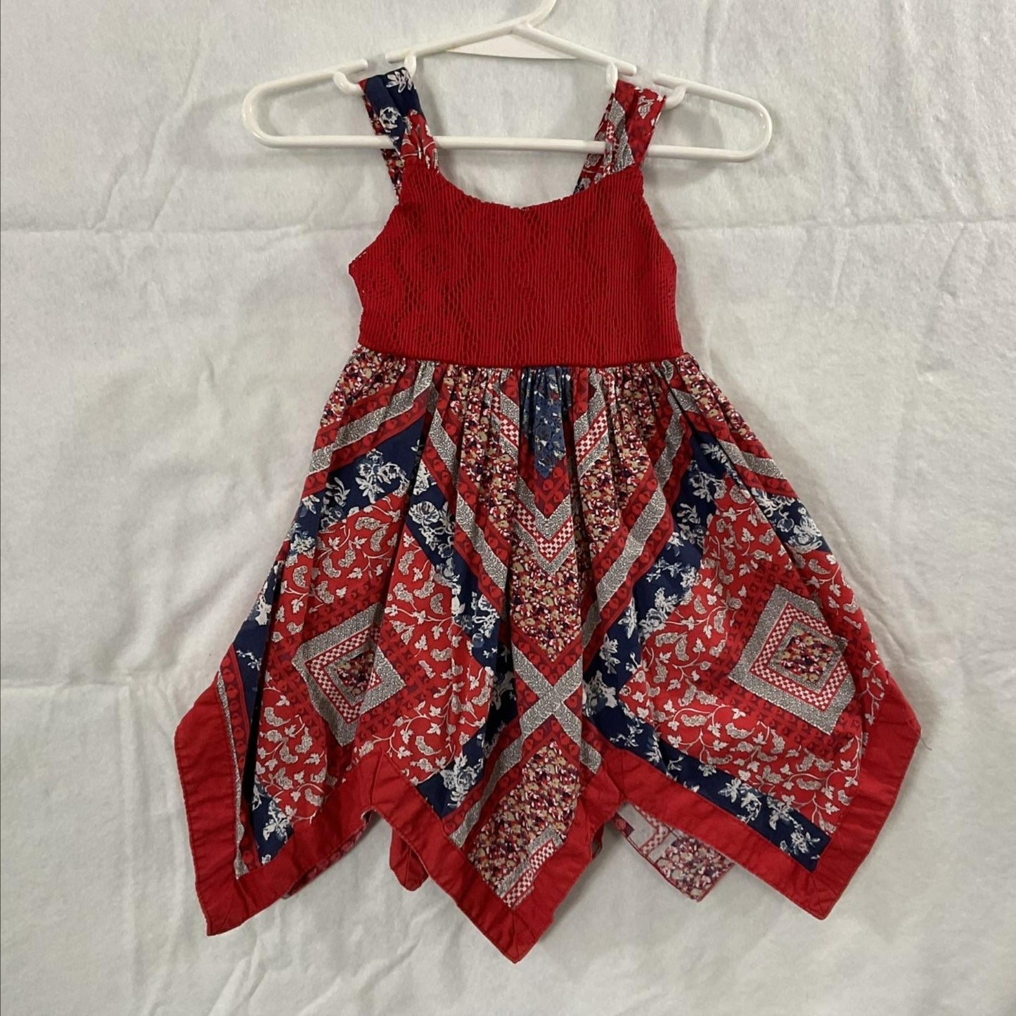 Blueberi Boulevard Dress Girls 12-18M Red Patchwork Handkerchief Hem Sundress