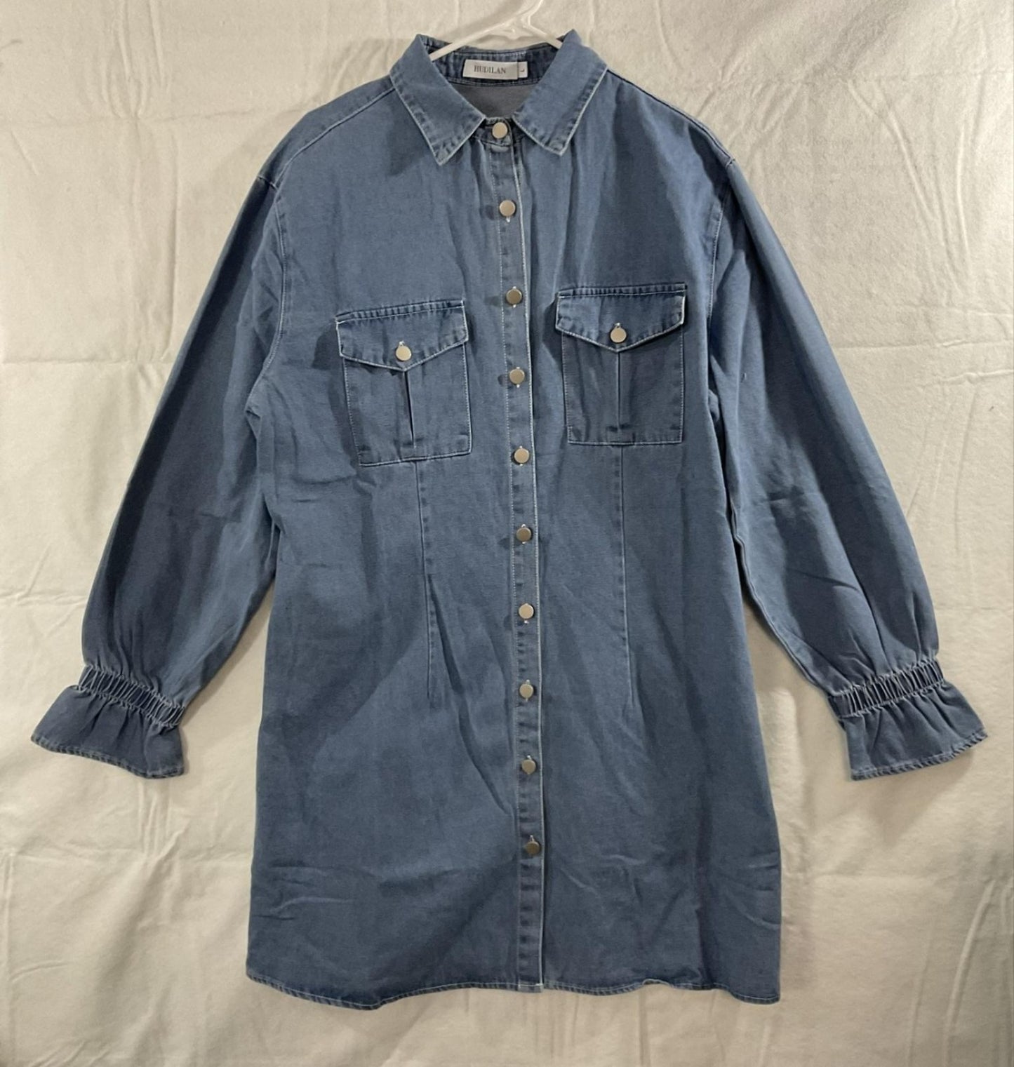 HUDILAN Dress Womens Large Blue Denim Shirt Collared Snap Button Pockets