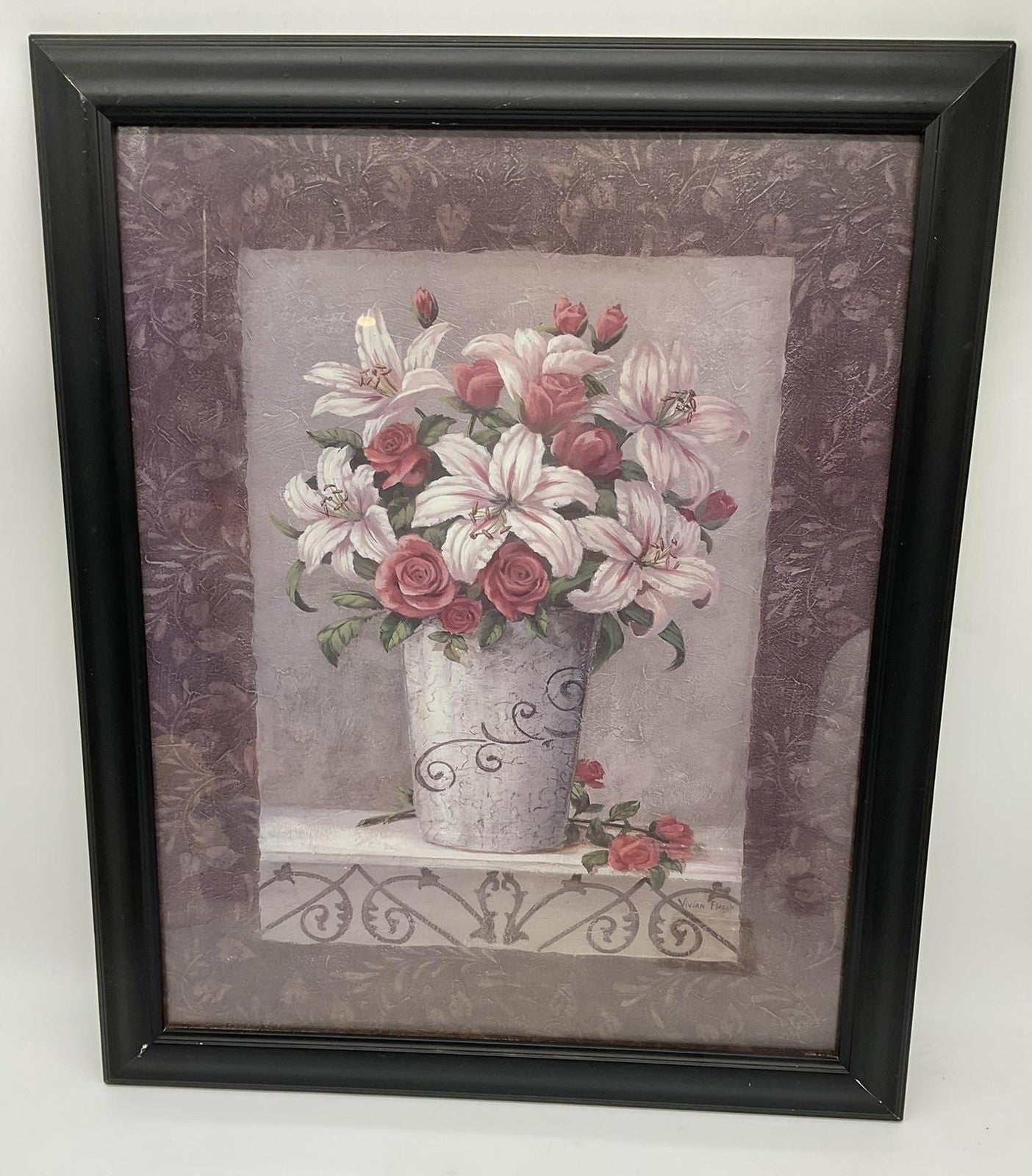 VTG Vivian Flasch Pink White Floral Bouquet Framed Art Print 24x20 Wall Decor