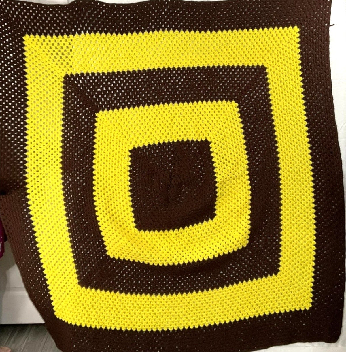 Handmade Knit Afghan Throw Blanket 60 In Brown Yellow Geometric Vintage Retro