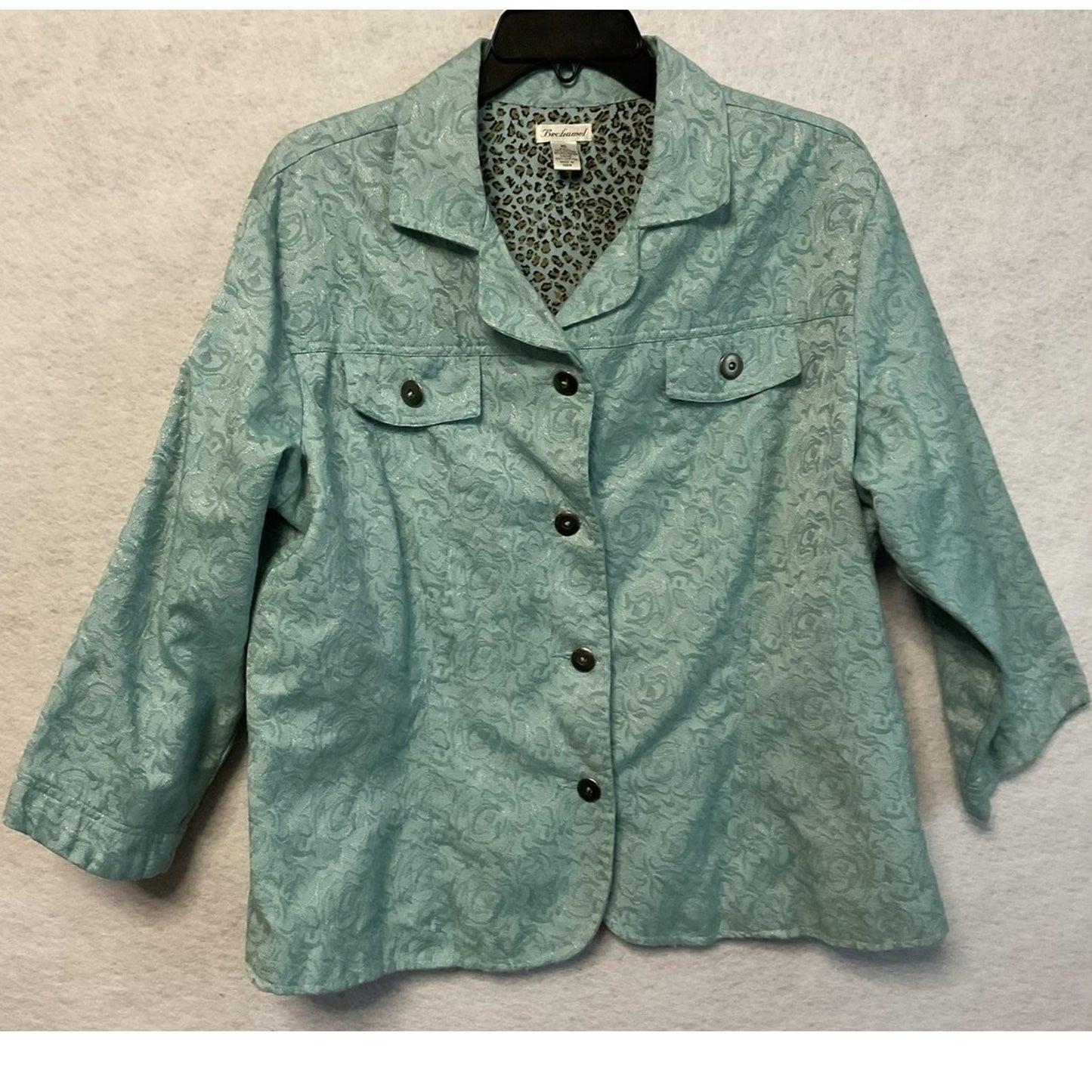 Bechamel Jacket Womens XL Green Floral Jacquard Leopard Lined Mint Vintage