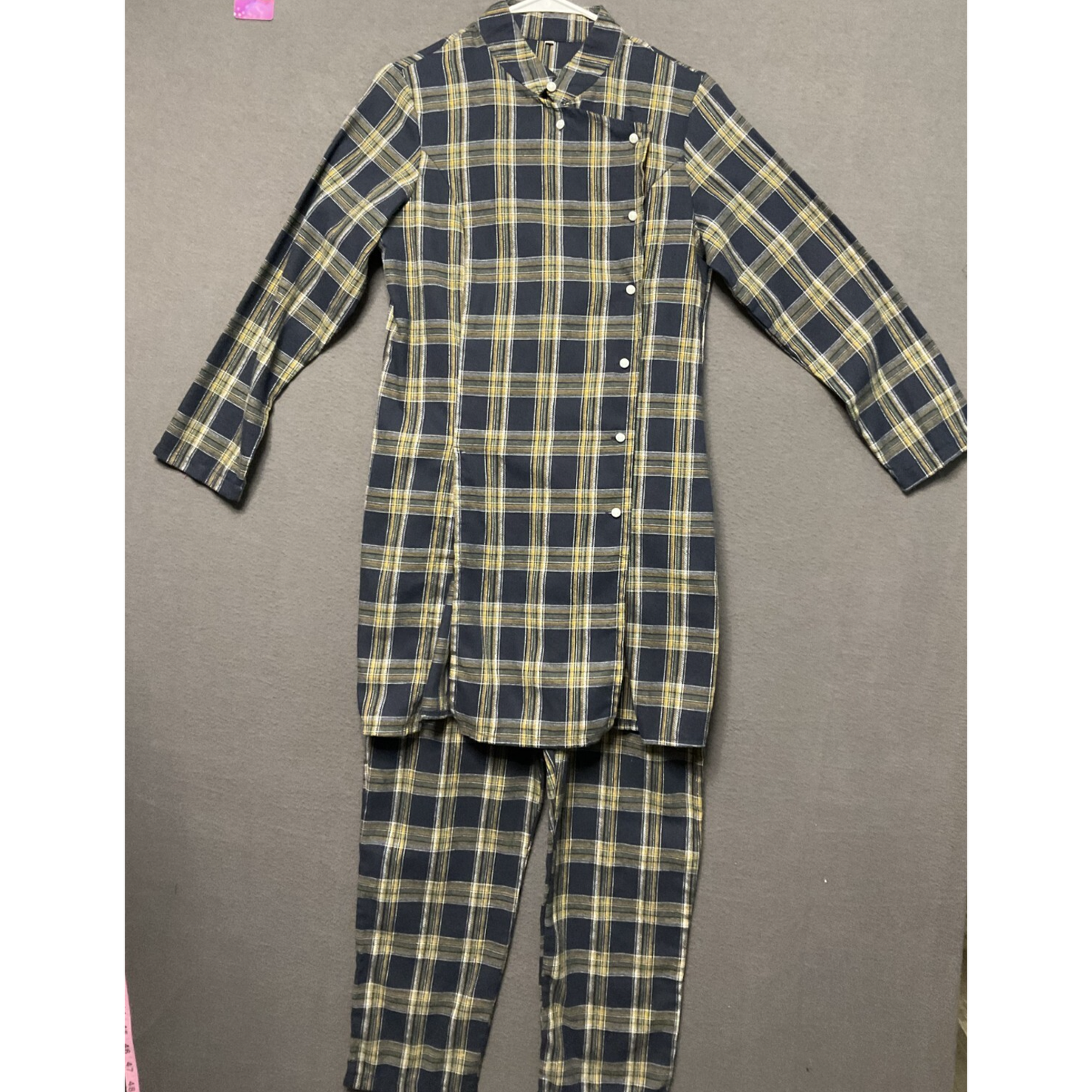 Flannel Plaid 2pc Loungewear Set Women L Pull-On Pants Pockets Long Tunic Top