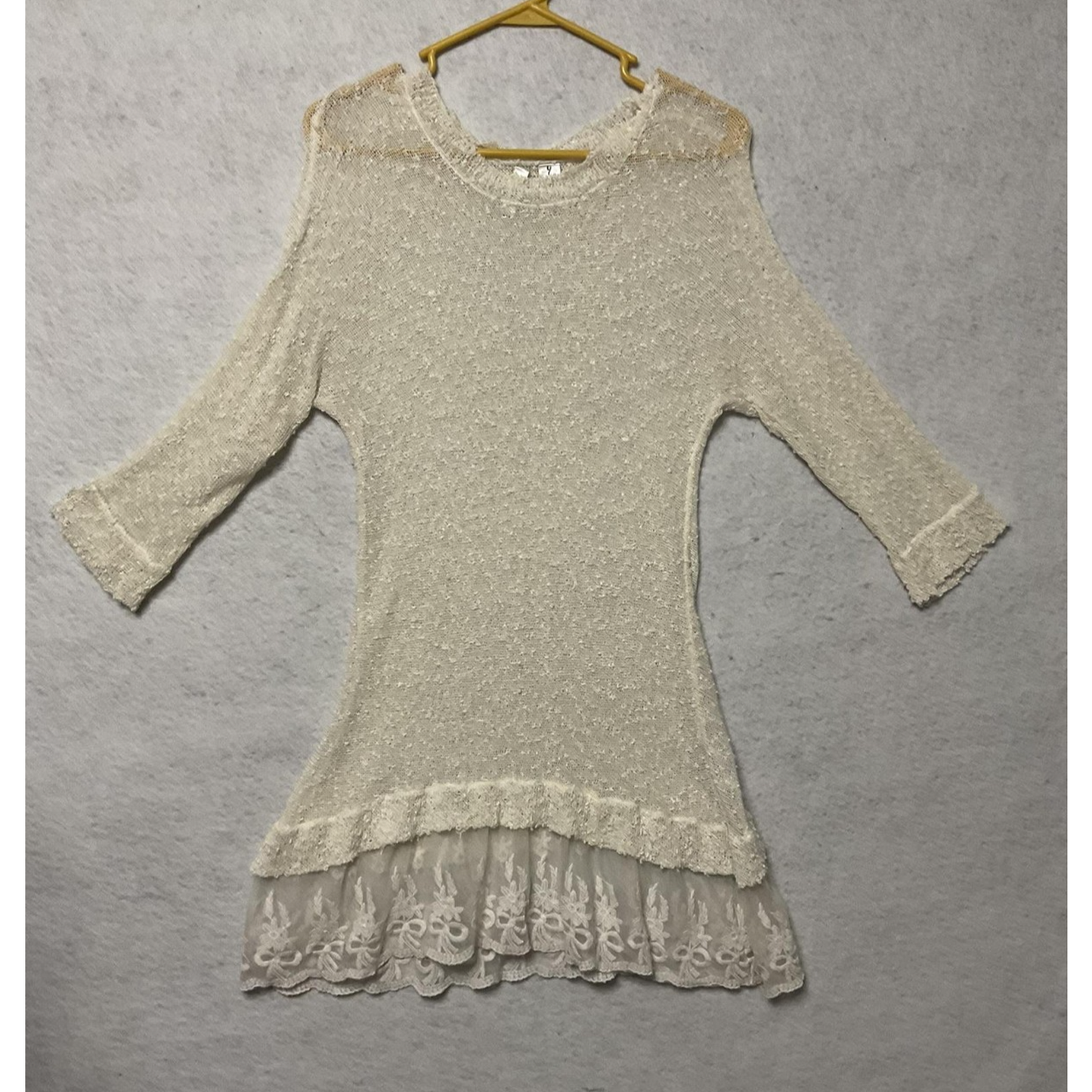 Ethyl Sweater Tunic Womens Large White Sheer Knit Lace Hem Ruffle Boho Top Sheer