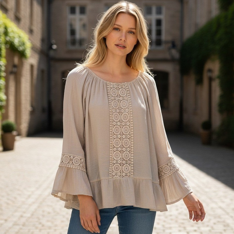 Retrology Blouse Womens Large Beige Crochet Lace Bell Sleeve Boho Peasant Top