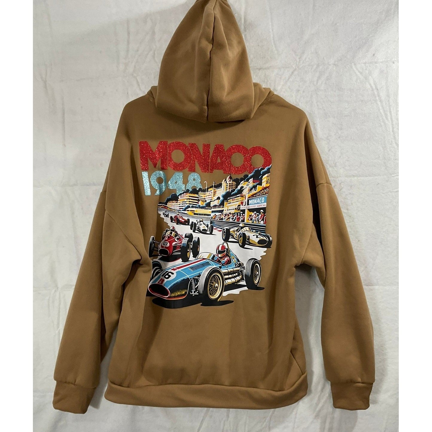 Hoodie Unisex Large Tan Monaco 1948 Racing Graphic Pullover Streetwear