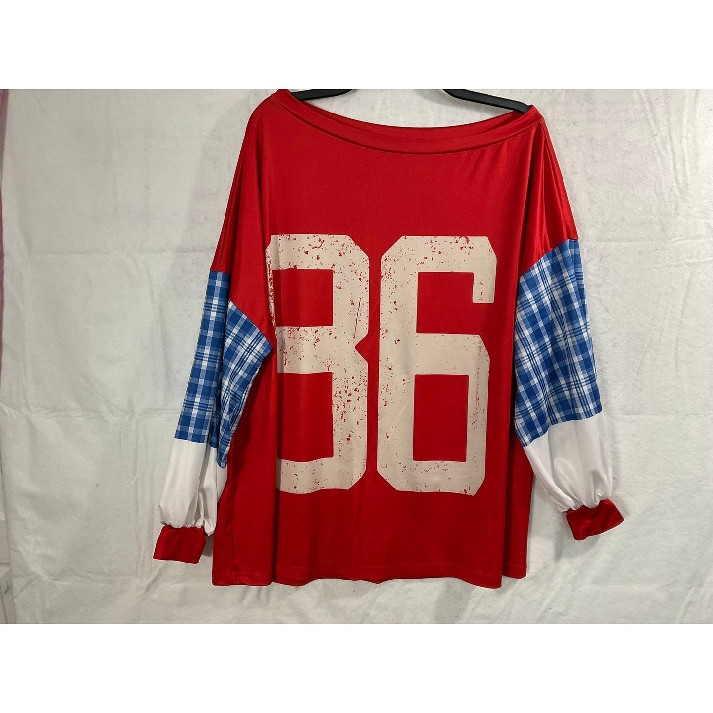 SHEIN Graphic 36 Top Women 0XL Red Plaid Colorblock Long Sleeve Sporty Jersey