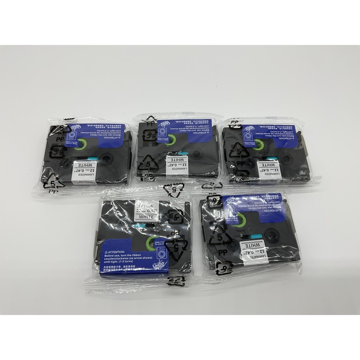 Label Maker Tape 5 Pack 12mm White Laminated TZe Compatible Refill Cartridge