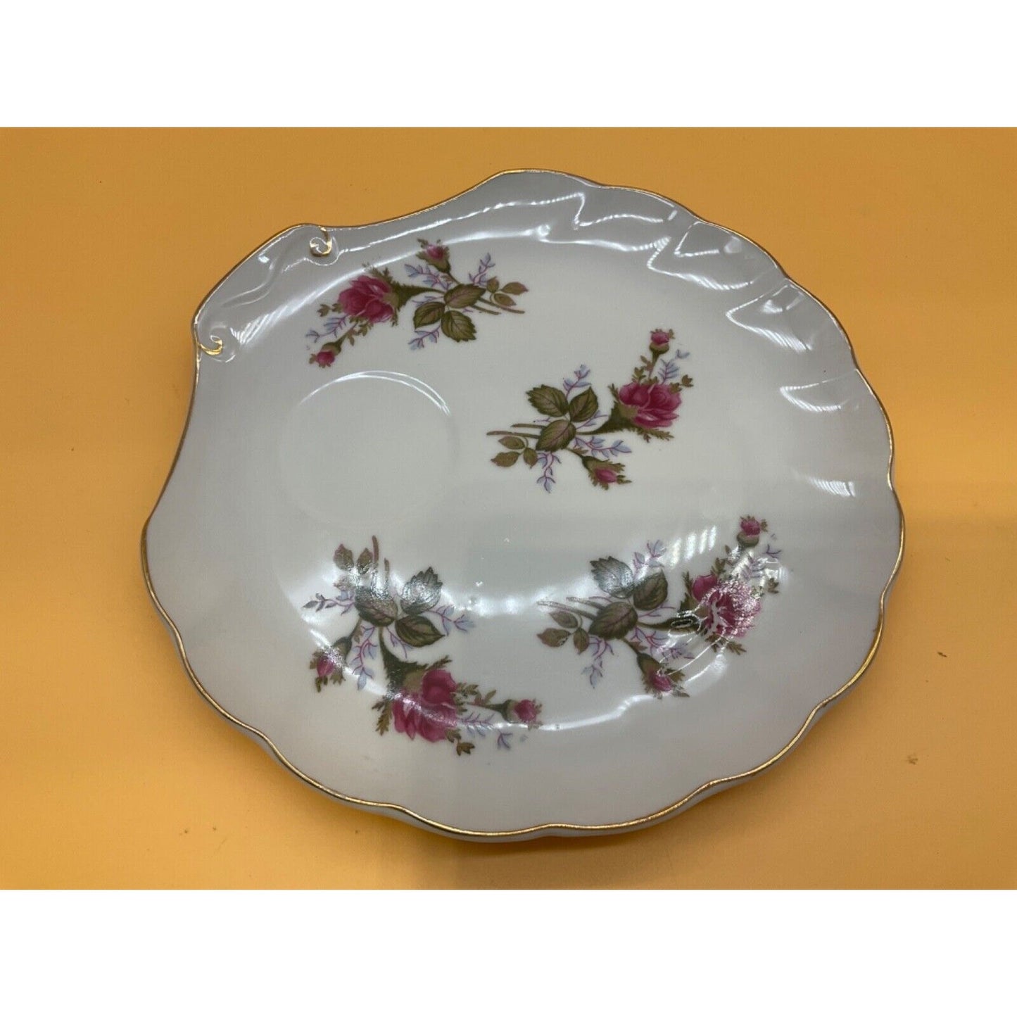 Vintage Rose Pattern Snack Plate 7.5" Gold Trim Scalloped Edge