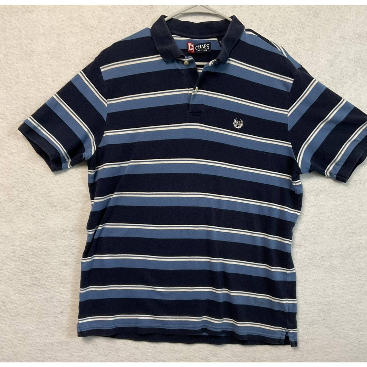 Chaps Polo Shirt Mens Large Navy Blue Striped Cotton Embroidered Crest Logo