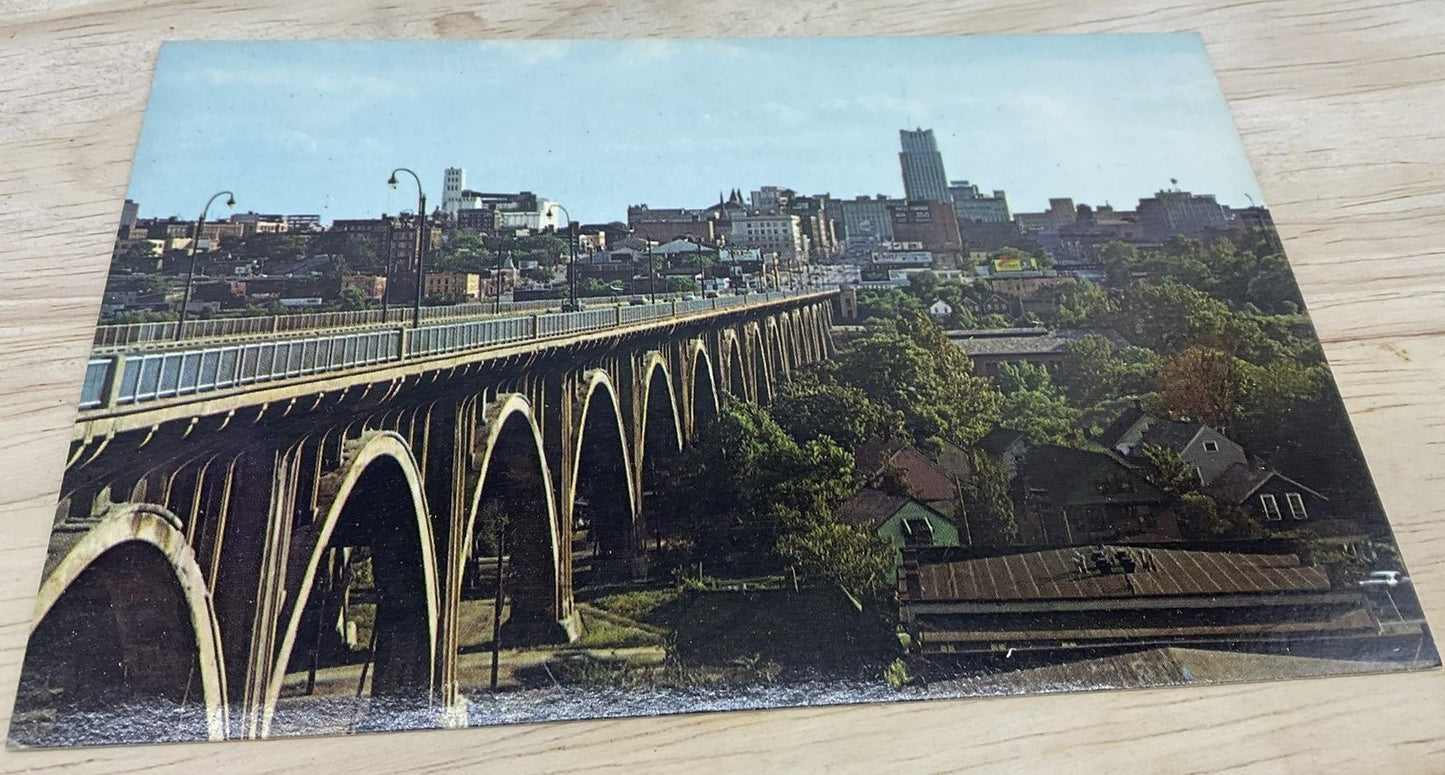 Vintage Skyline View Akron Ohio Plastichrome Colourpicture Postcard 5.5x3.5 In