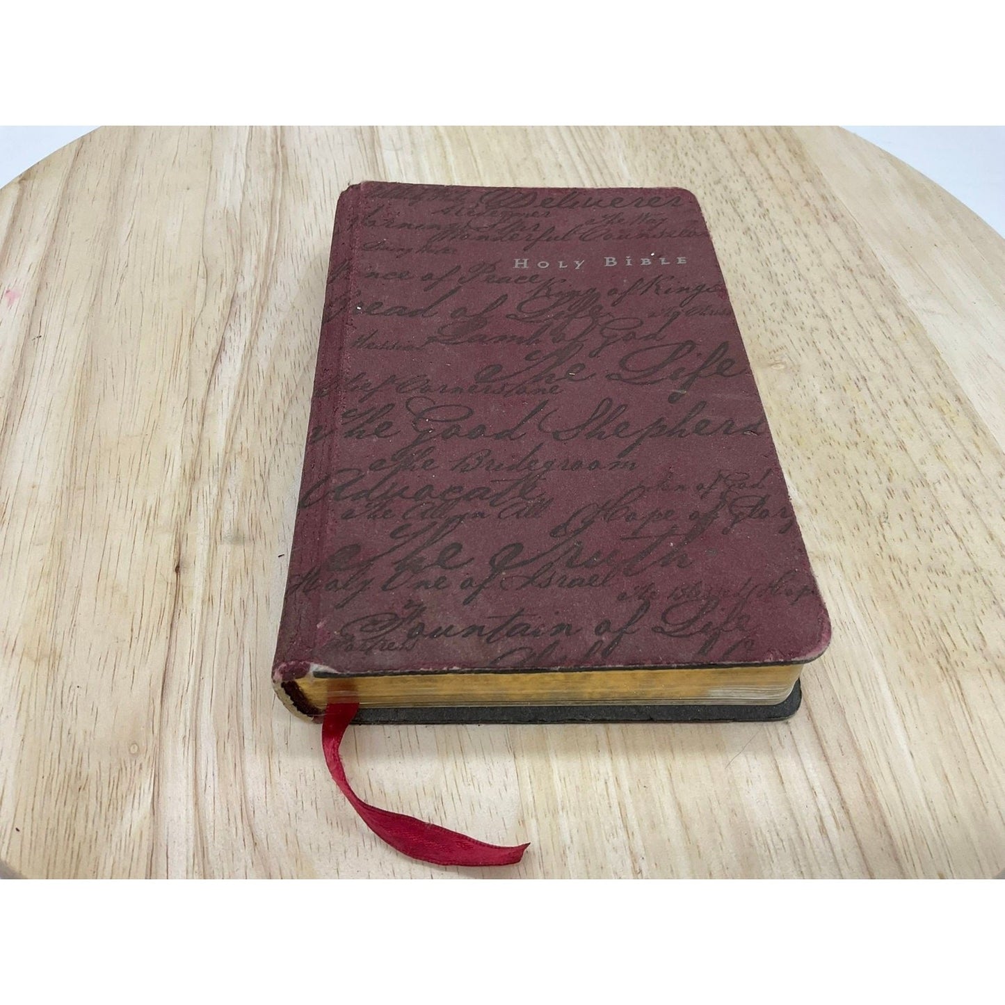 Holy Bible Red Script Cover Gold Gilded Edges Ribbon Bookmark Presentation