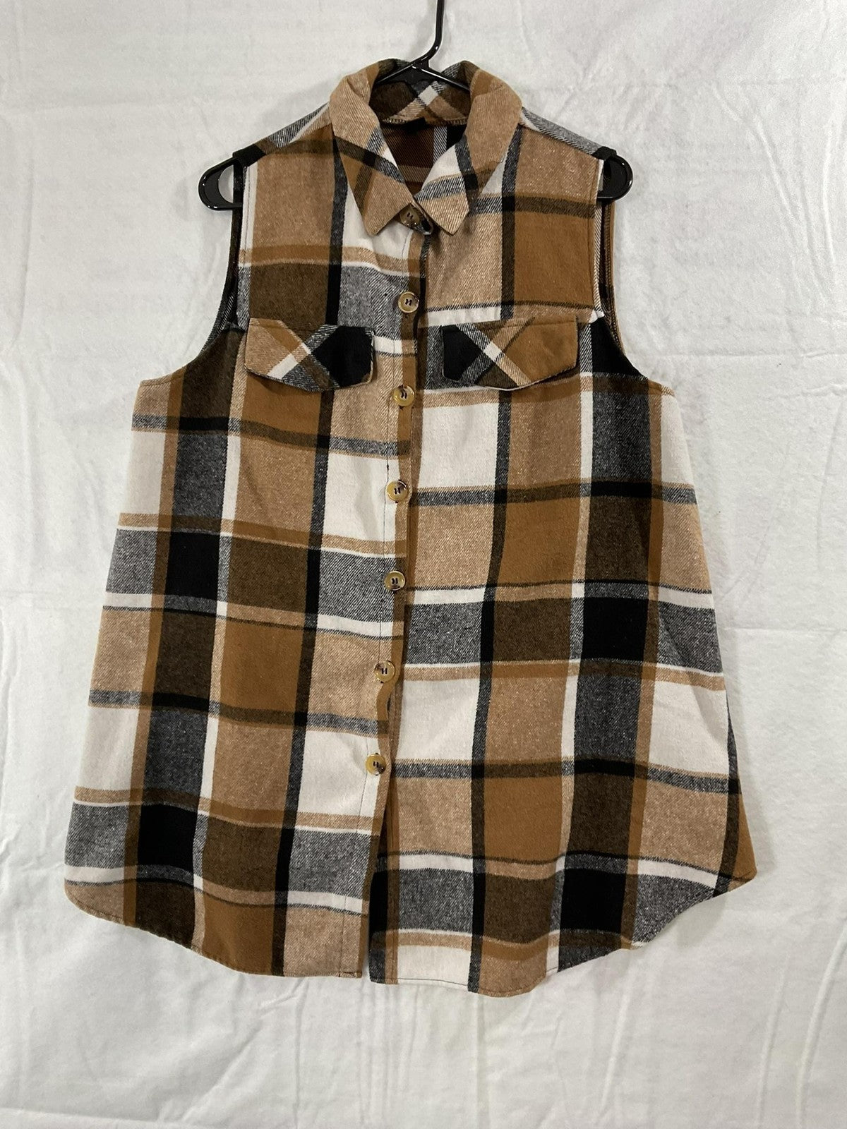Shein Shirt Womens 1XL Brown Black Plaid Flannel Sleeveless Button Up Tunic Top