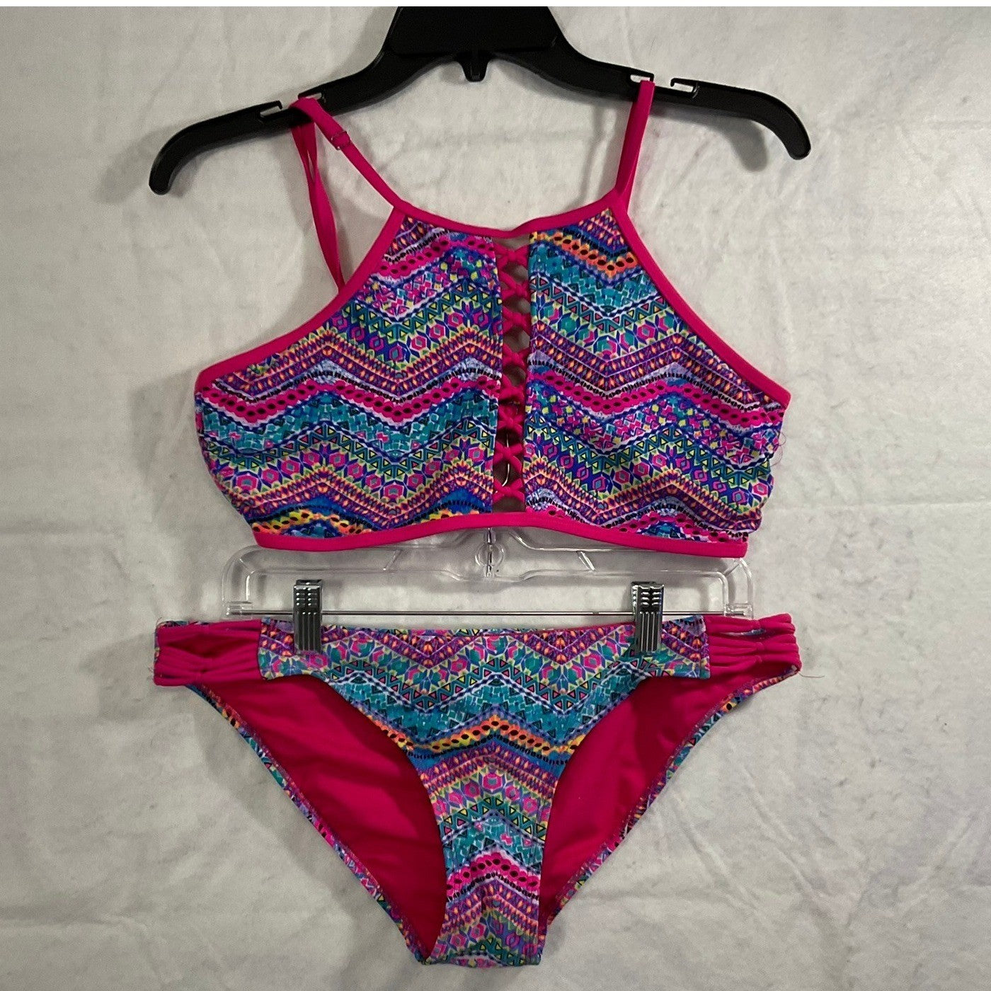 Coral Tropics Bikini Set Womens Large Pink Geometric Lattice Lace Up Swimwear