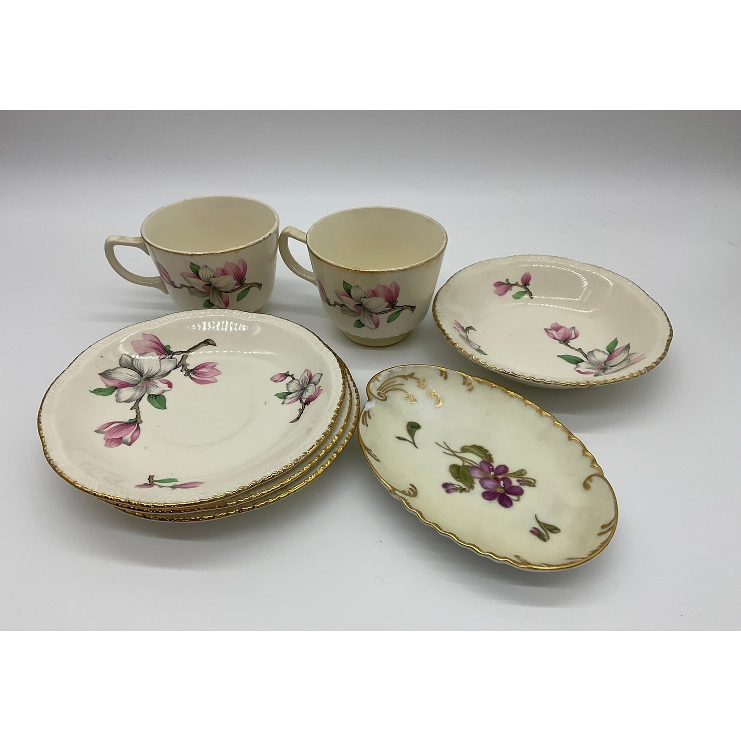 VTG Homer Laughlin Floral Porcelain Tea Set Cups Saucers Bowl Trinket Dish