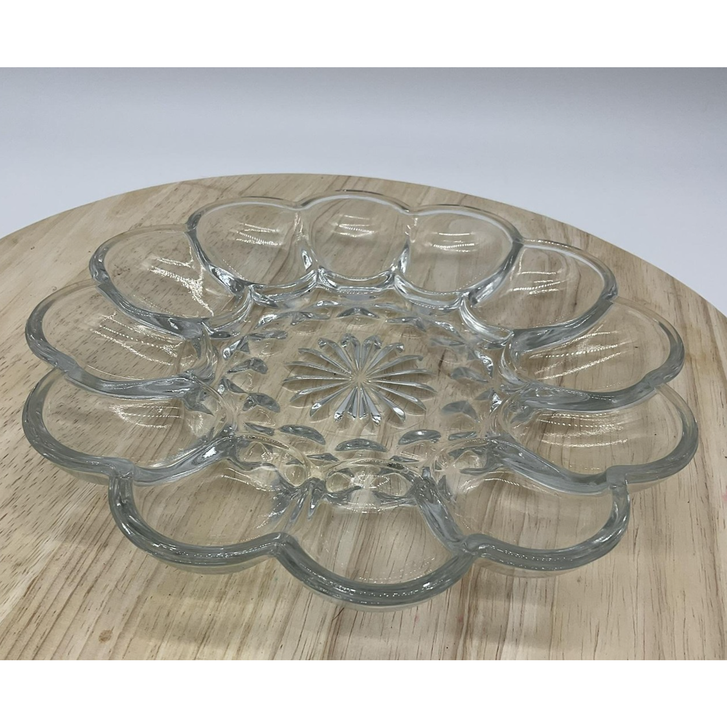 Vintage Glass Deviled Egg Tray 12 Egg Holder Clear Pressed Glass Platter 12 Inch