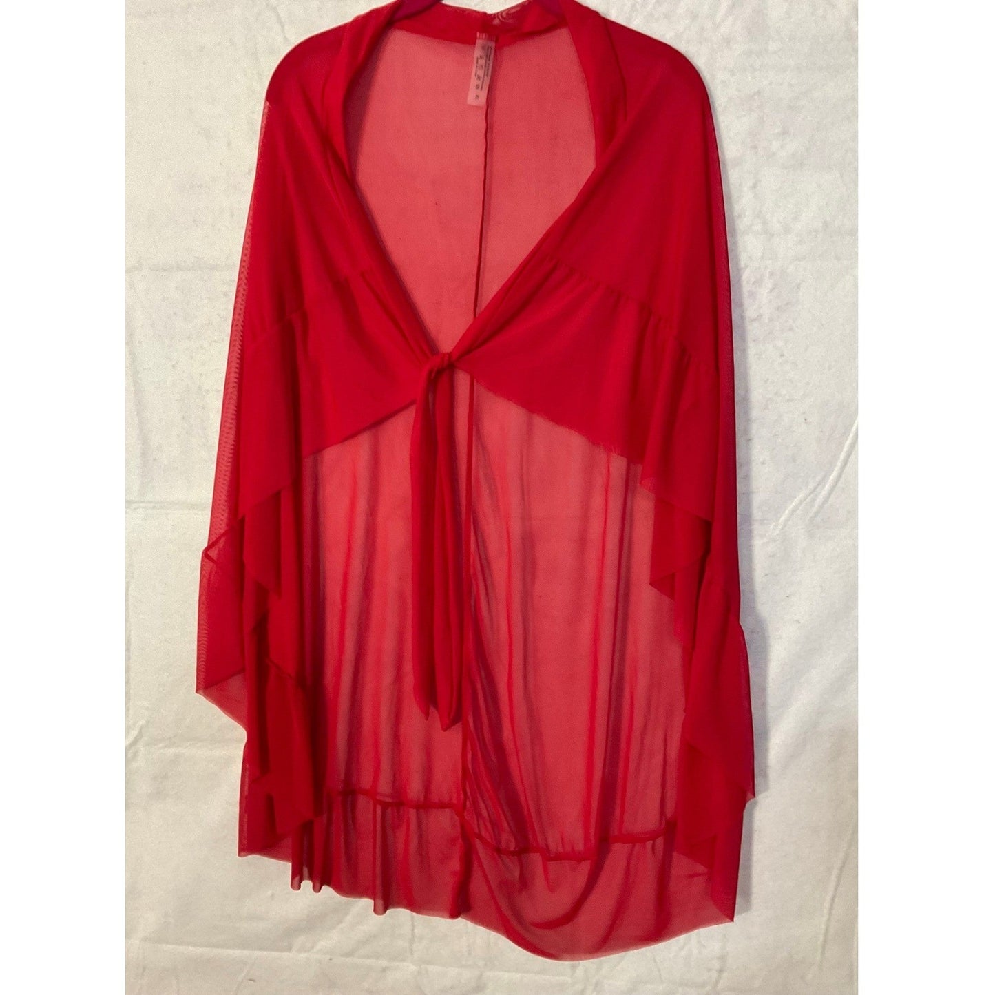 Sheer Mesh Coverup Women XL Red Front Tie Ruffle Hem Wrap Lightweight