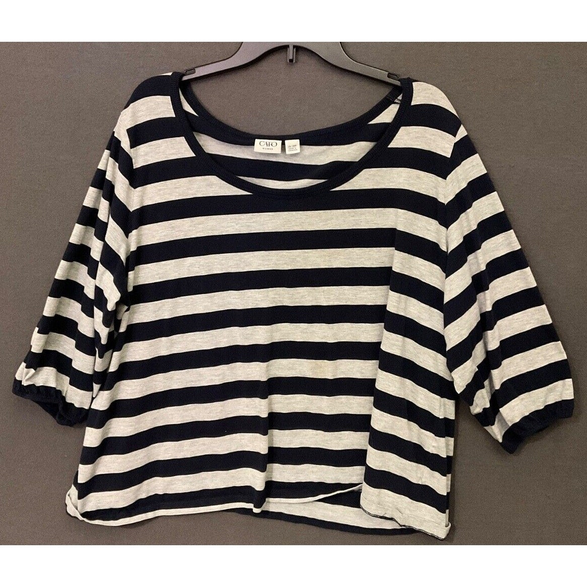 Cato Woman 26/28W Striped 3/4 Sleeve Loose Fit Top Gray & Black Cotton Blend
