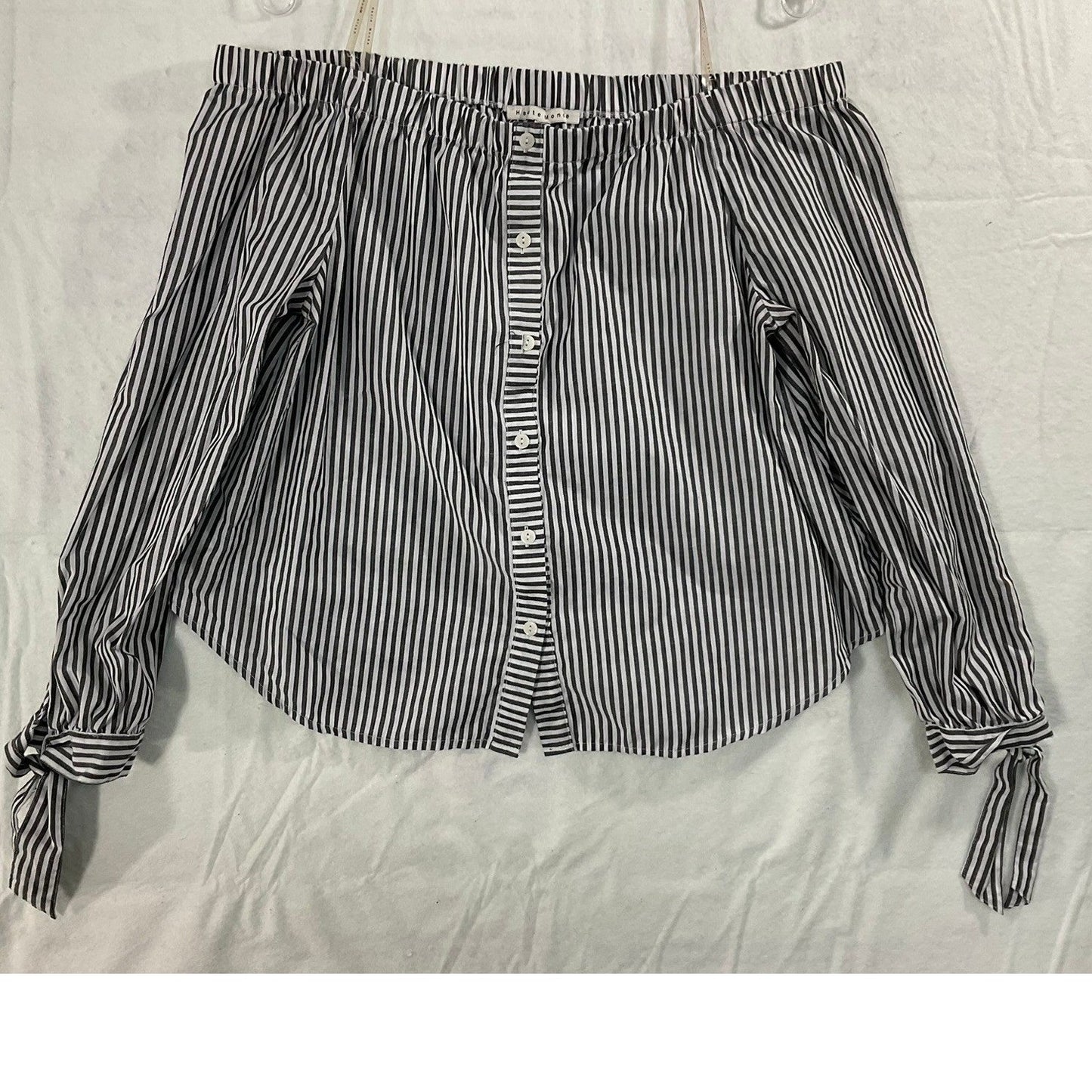 Haute Monde Blouse Womens XL Black White Striped Off Shoulder Tie Cuff HMT51346
