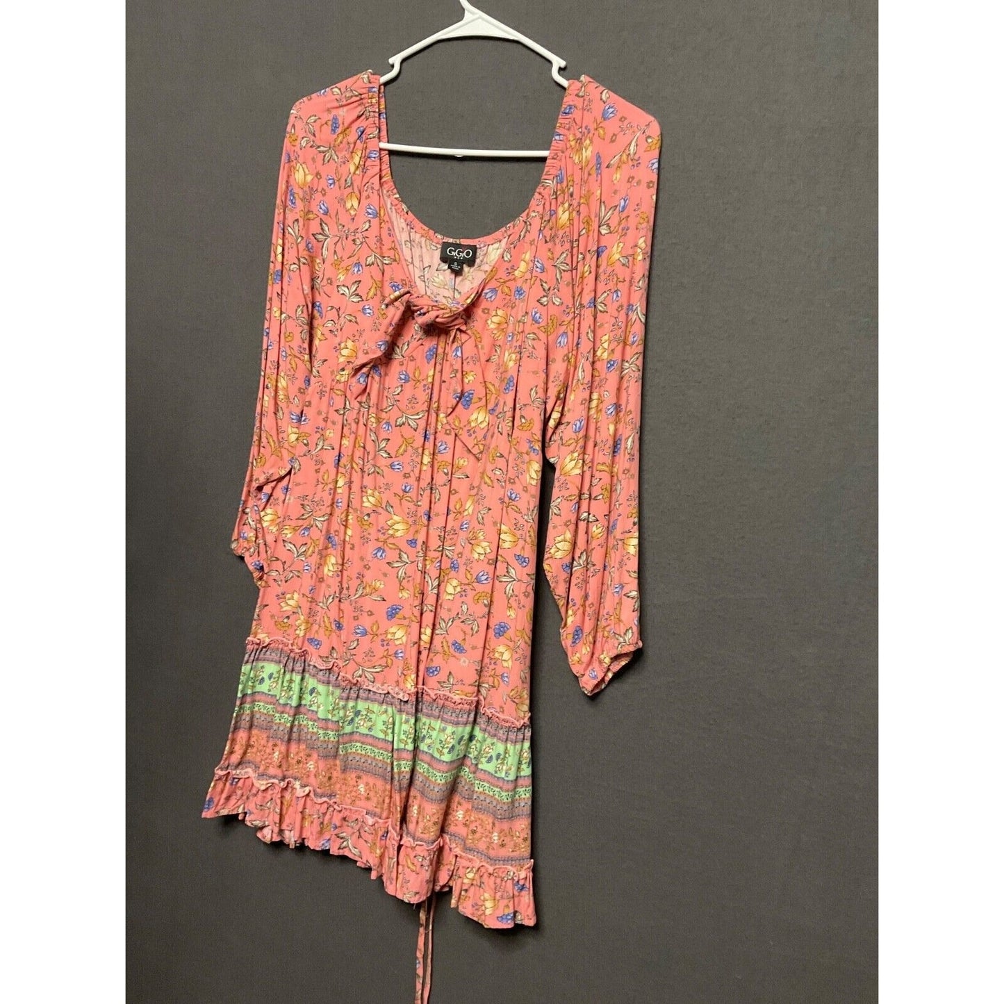GiGio Boho Floral Mini Dress Multicolor Long Sleeve Ruffle Hem Size S Pocket