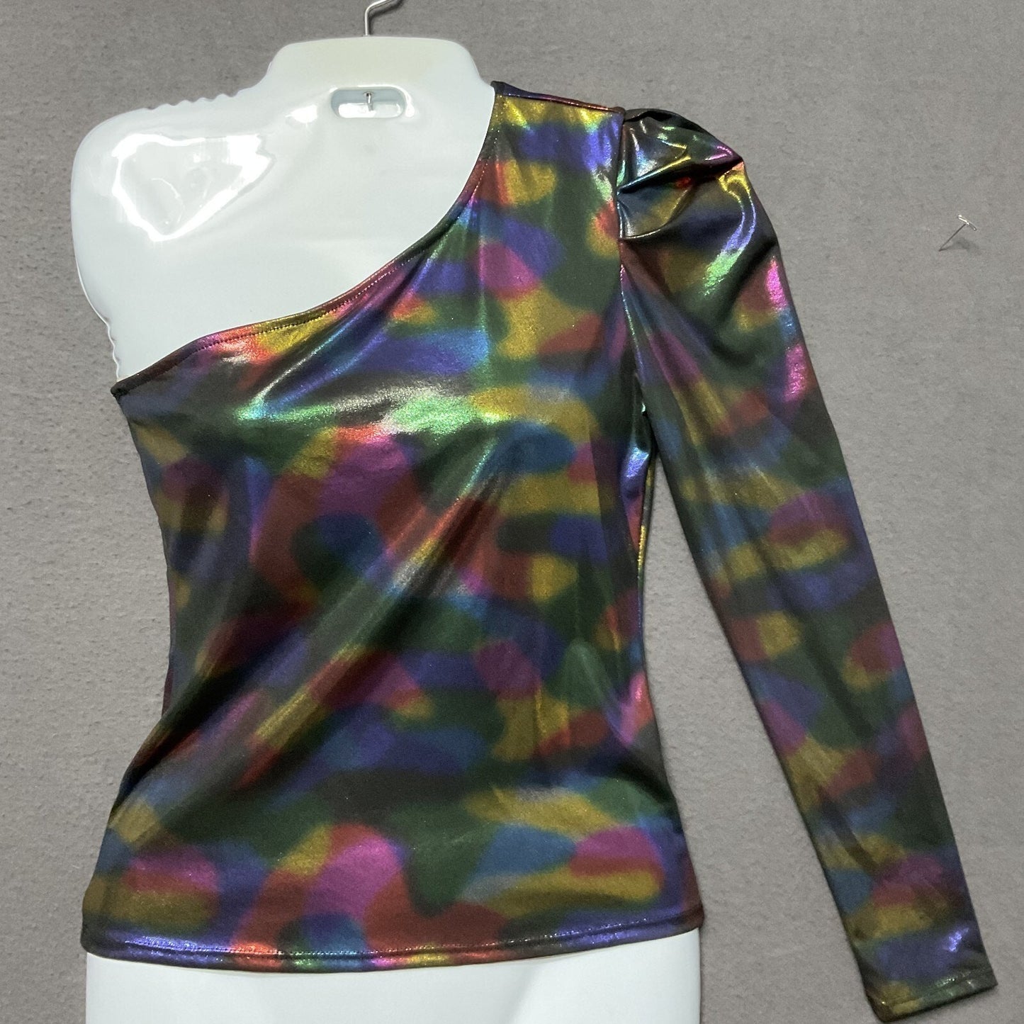 Love J Holographic One Shoulder Long Sleeve Top Metallic Look Size S